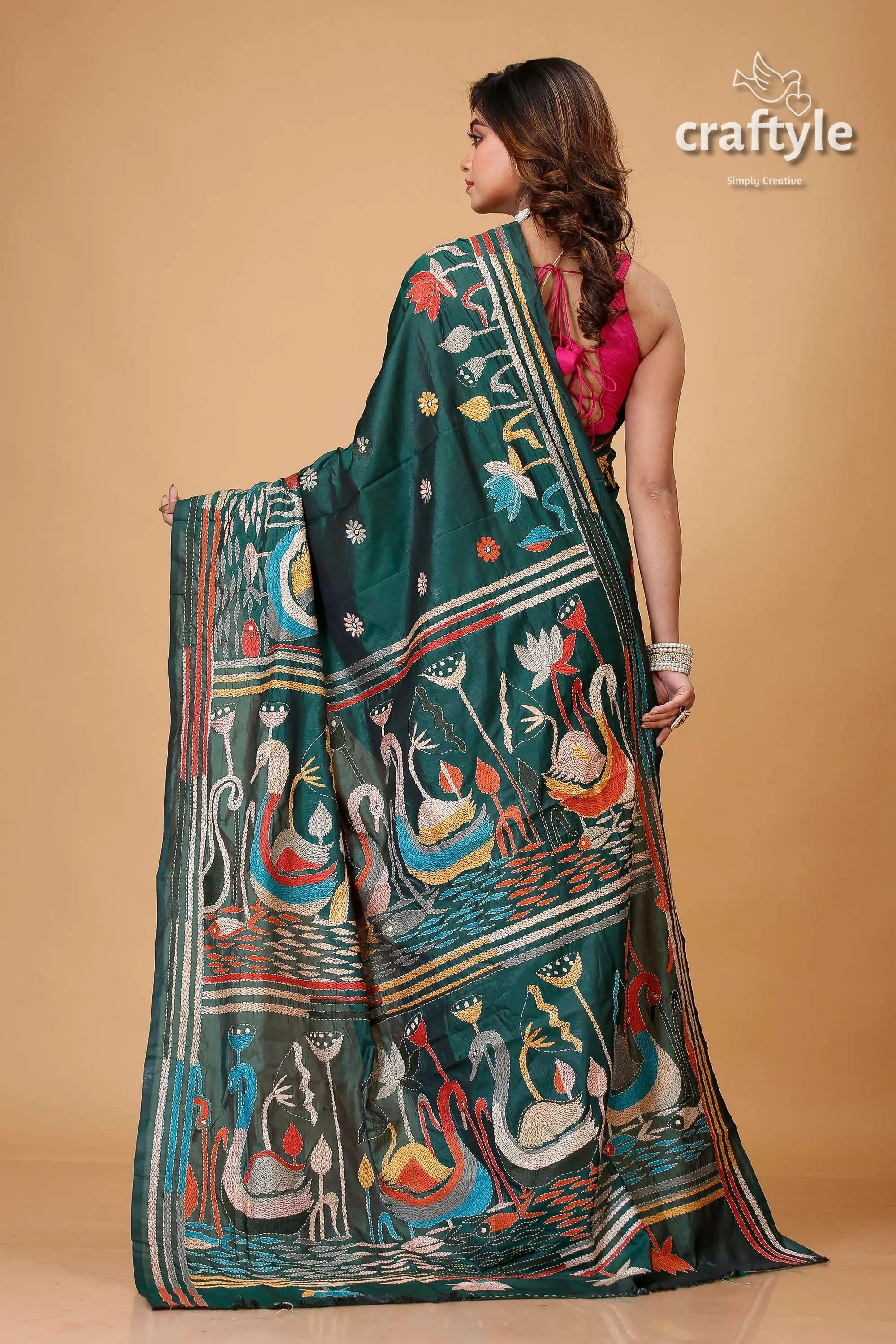 Eden green intricate swan motif bengali silk kantha saree green saree swan lotus designs 5