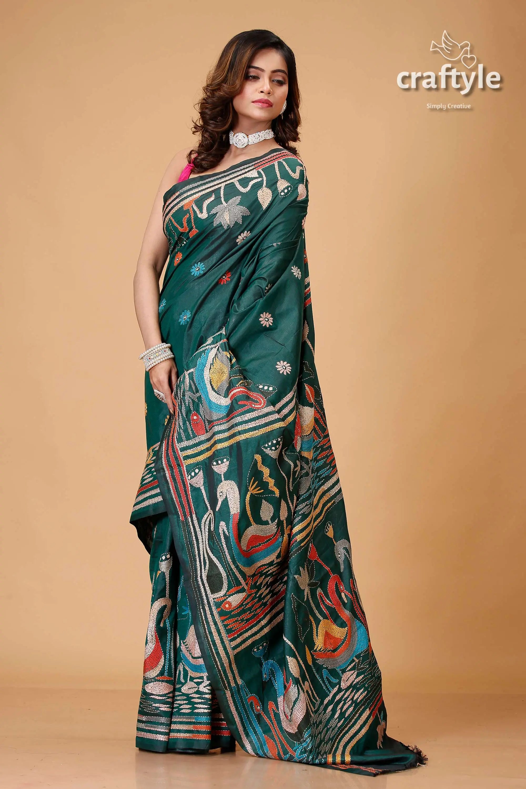 Eden green intricate swan motif bengali silk kantha saree woman green patterned saree 3