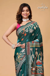 Eden green intricate swan motif bengali silk kantha saree green embroidered saree 2