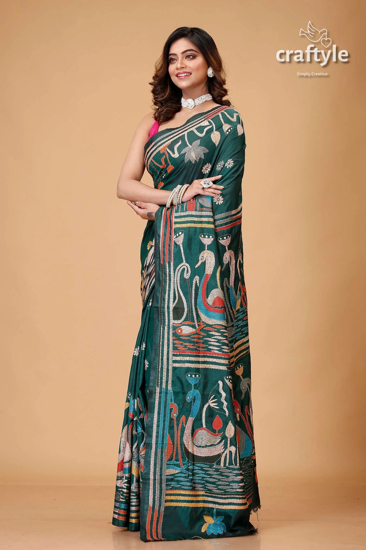 Eden green intricate swan motif bengali silk kantha saree green saree bird motifs 4