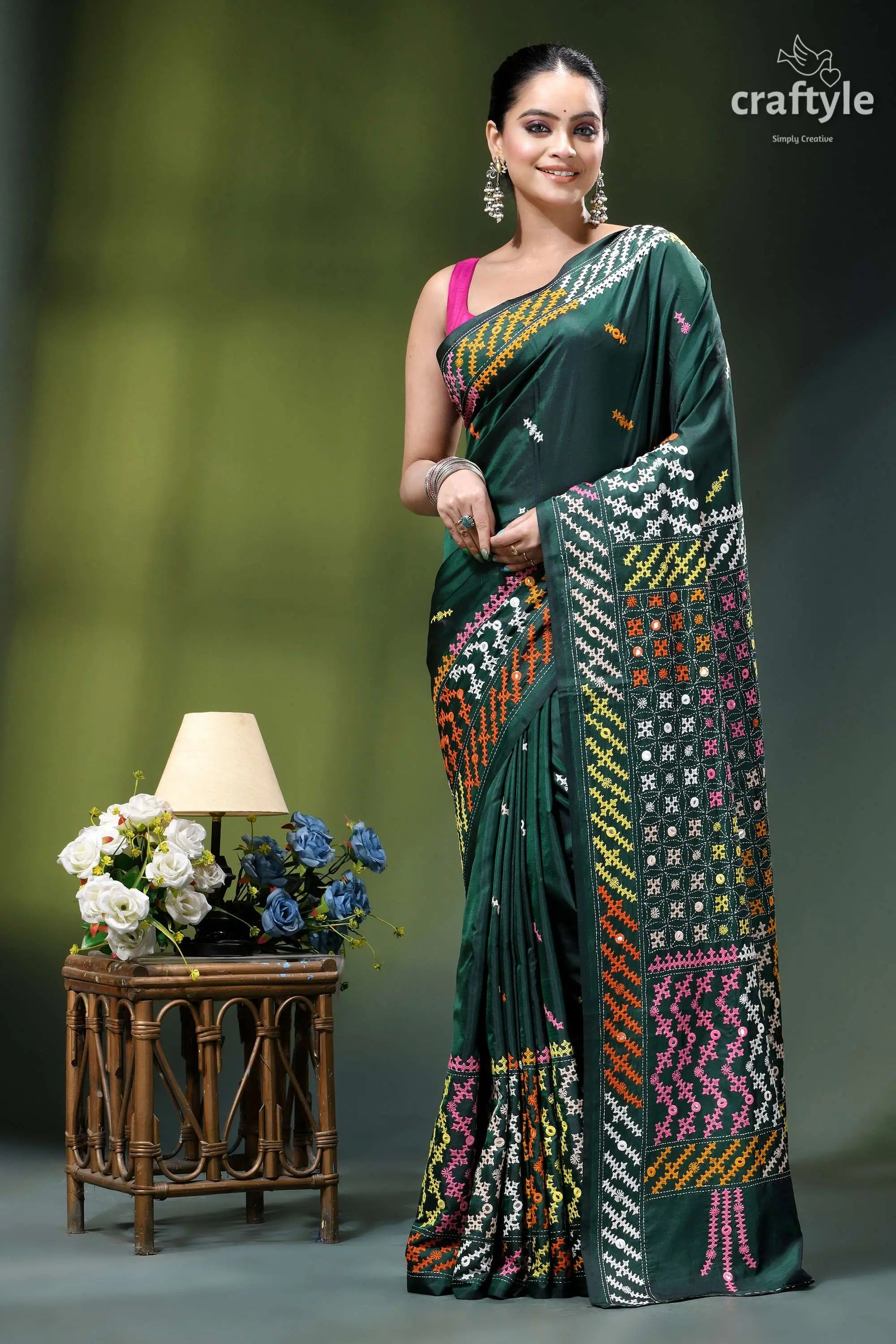 Eden green multi-thread gujrati stitch silk saree with mirror detailing dark green silk saree adorned 1