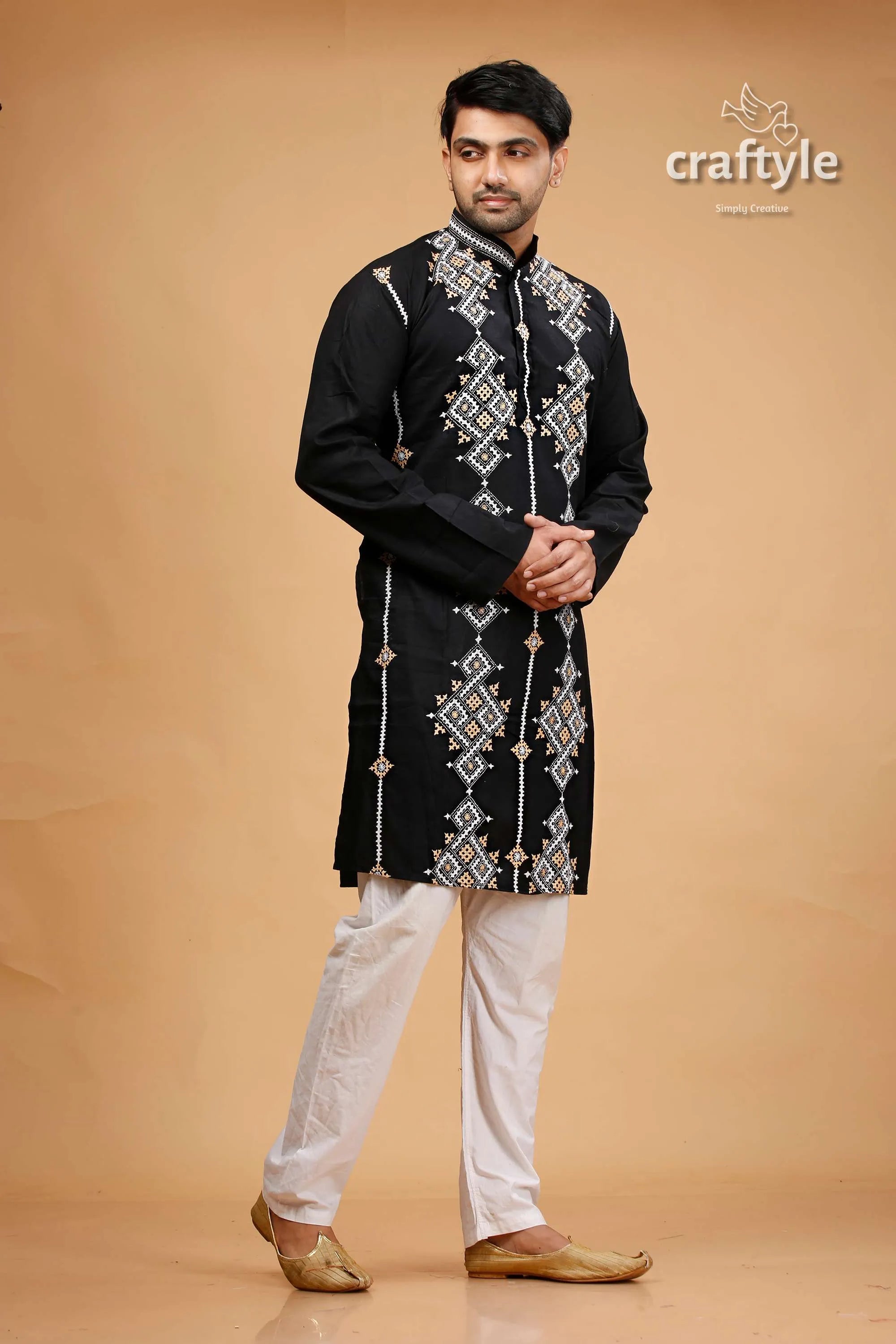 Eerie black kutch design cotton mens kurta - kantha embroidery black embroidered kurta white pants 4