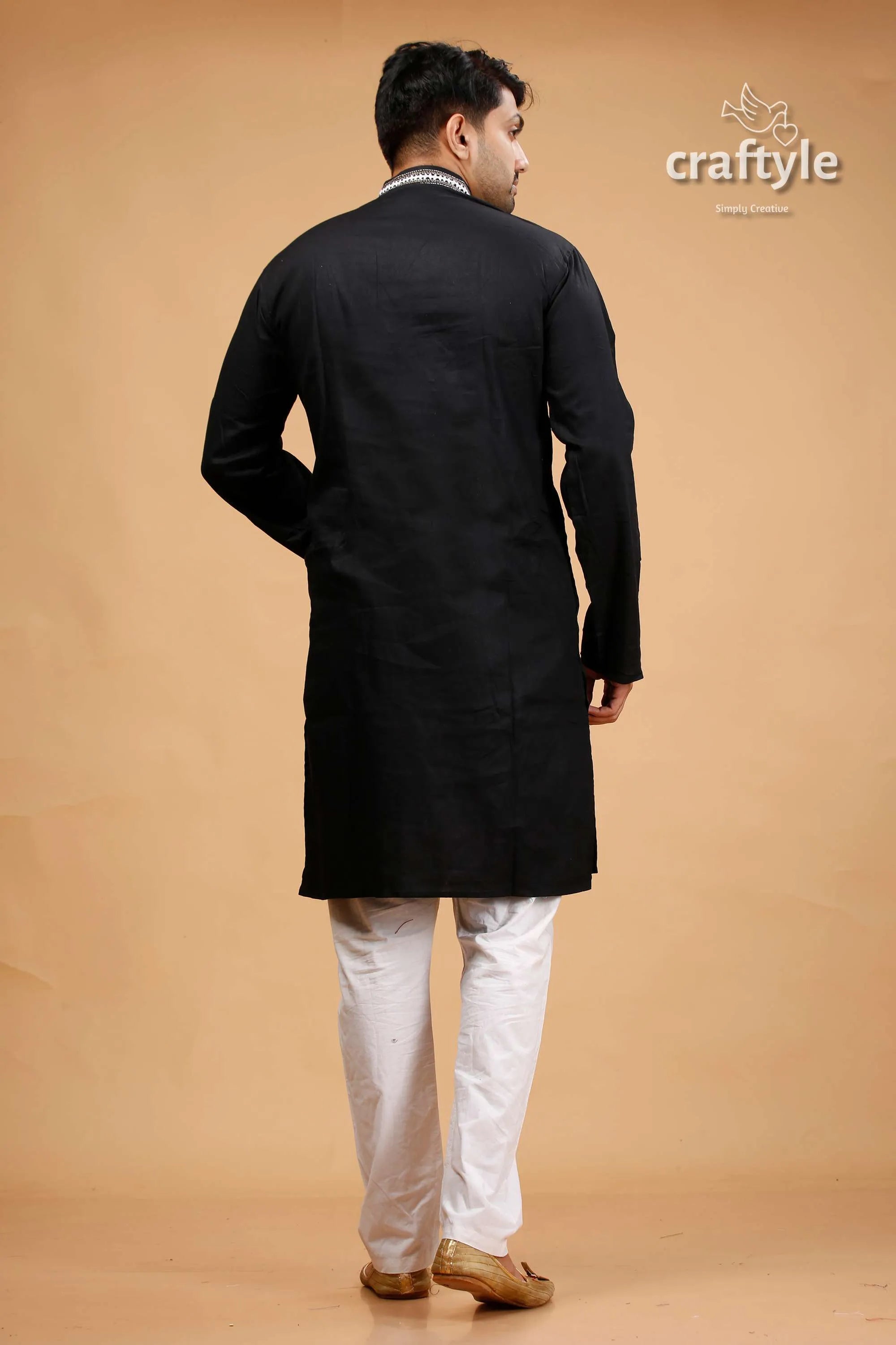 Eerie black kutch design cotton mens kurta - kantha embroidery black kurta pajama set 5