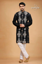 Eerie black kutch design cotton mens kurta kantha embroidery man black embroidered kurta white 1