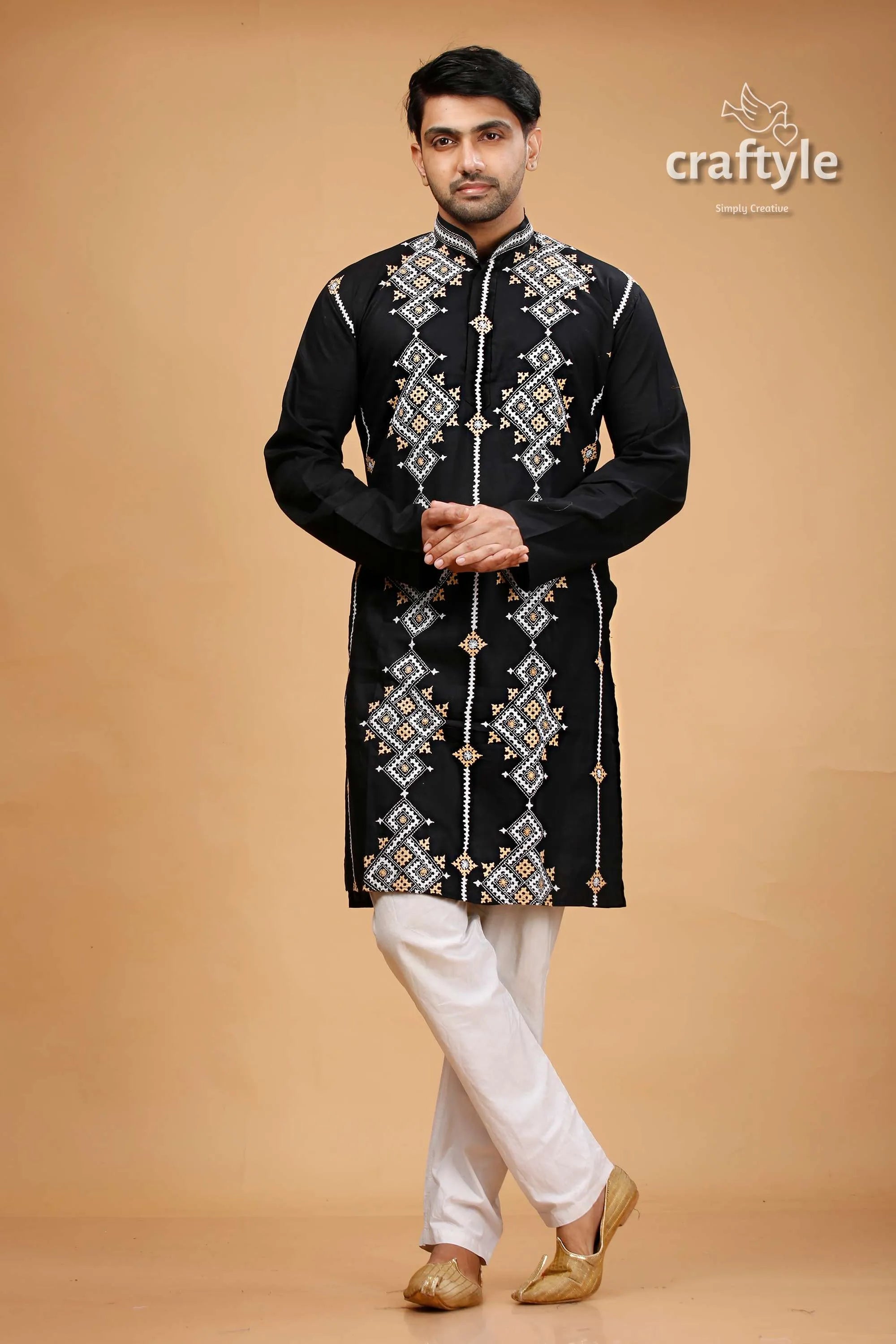 Eerie black kutch design cotton mens kurta - kantha embroidery man black embroidered kurta white 1