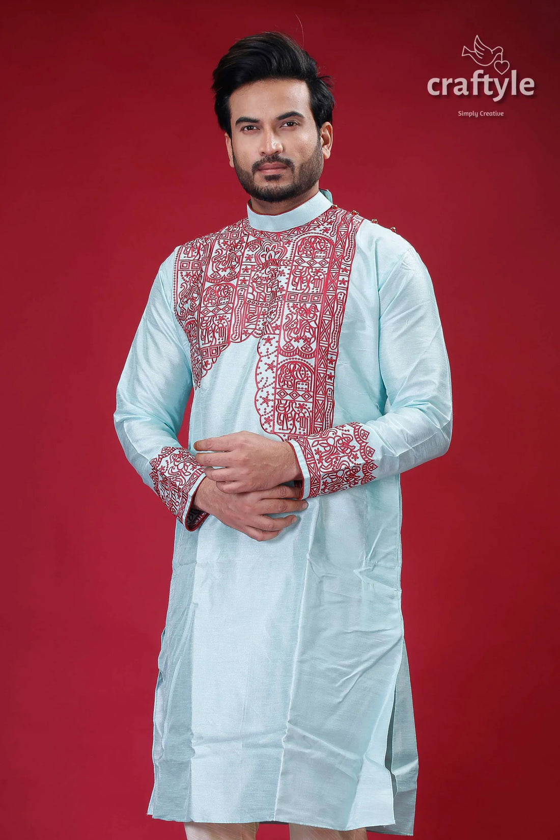 Electric blue and maroon embroidered silk punjabi for men light kurta 2