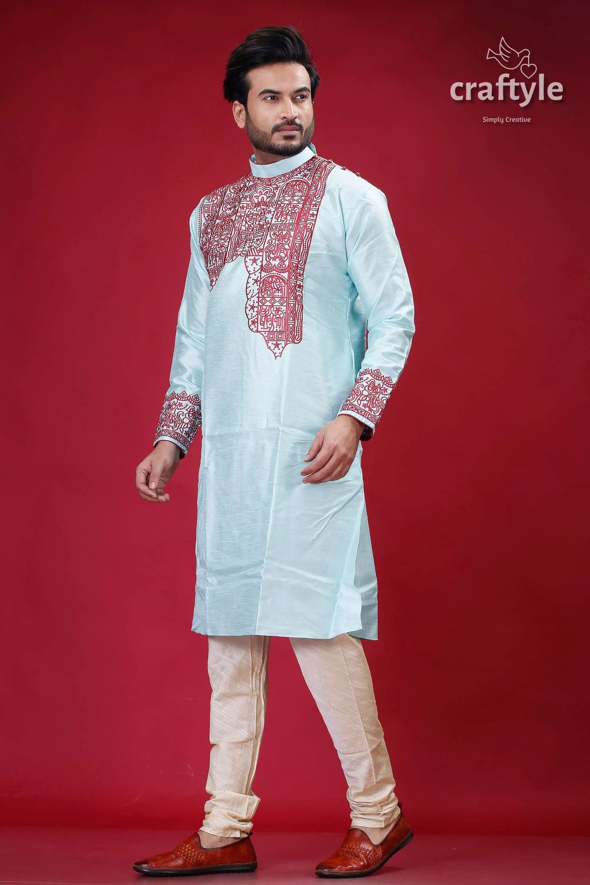 Electric blue and maroon embroidered silk punjabi for men light kurta pajama 4