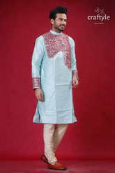Electric blue and maroon embroidered silk punjabi for men embroidered light blue kurta pajama 3