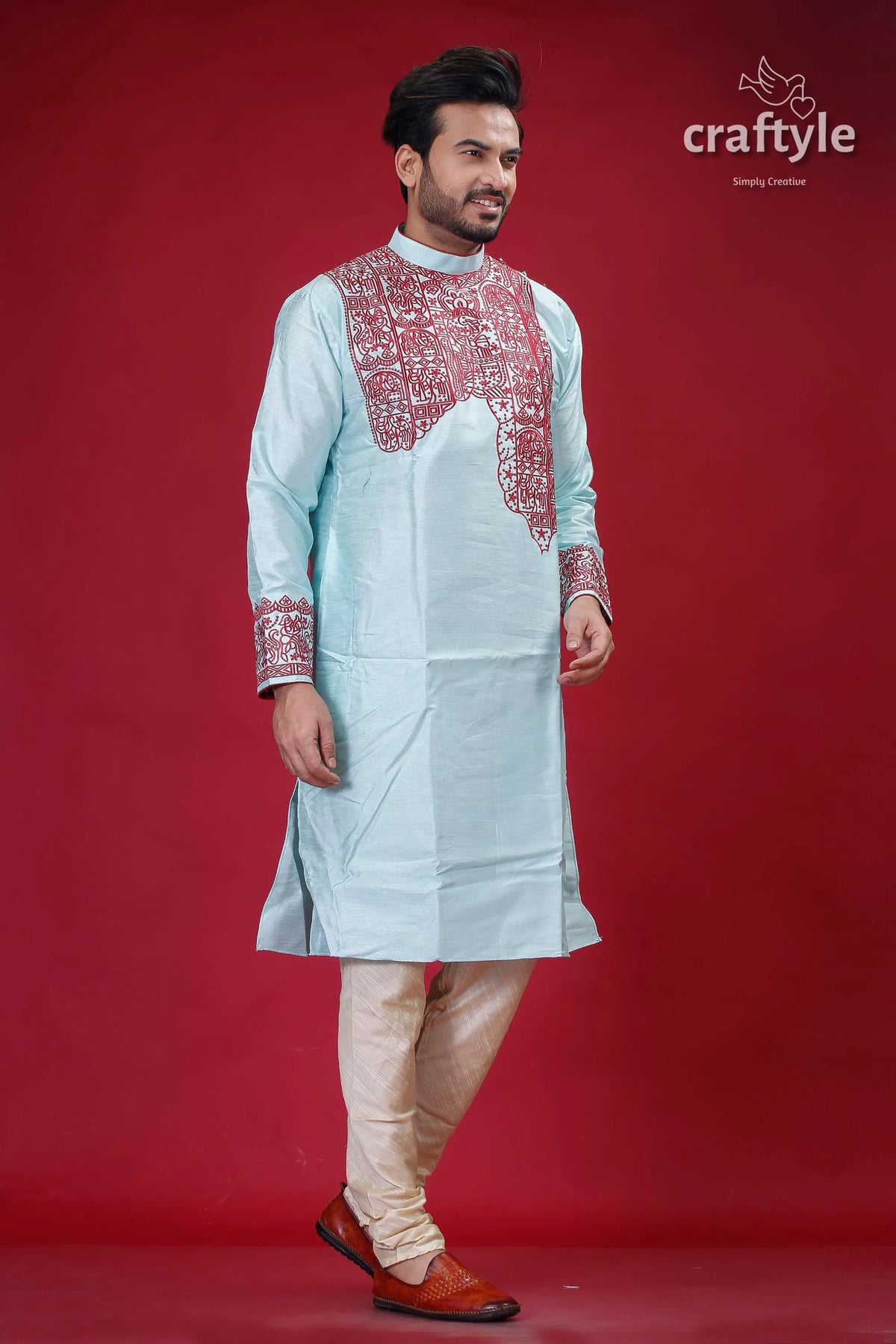 Electric blue and maroon embroidered silk punjabi for men light kurta pajama 3