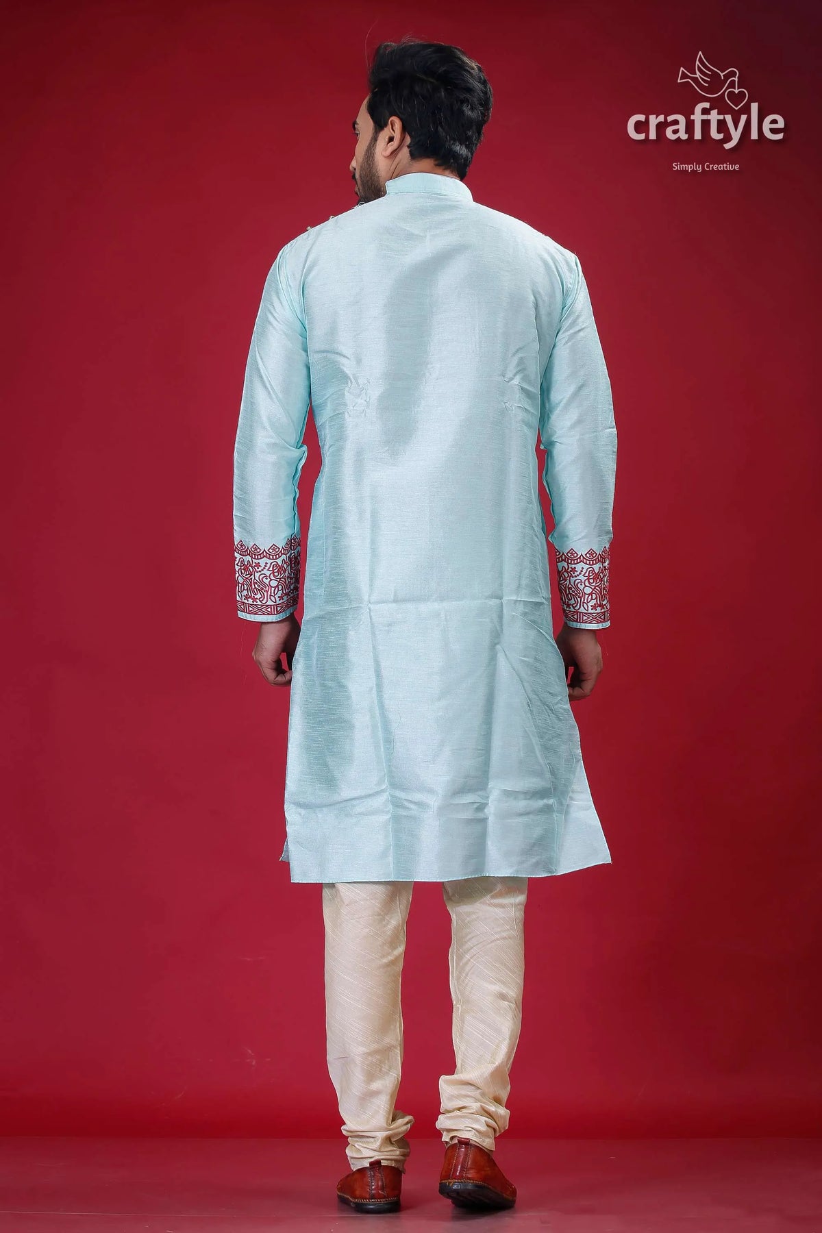 Electric blue and maroon embroidered silk punjabi for men light kurta pajama 5