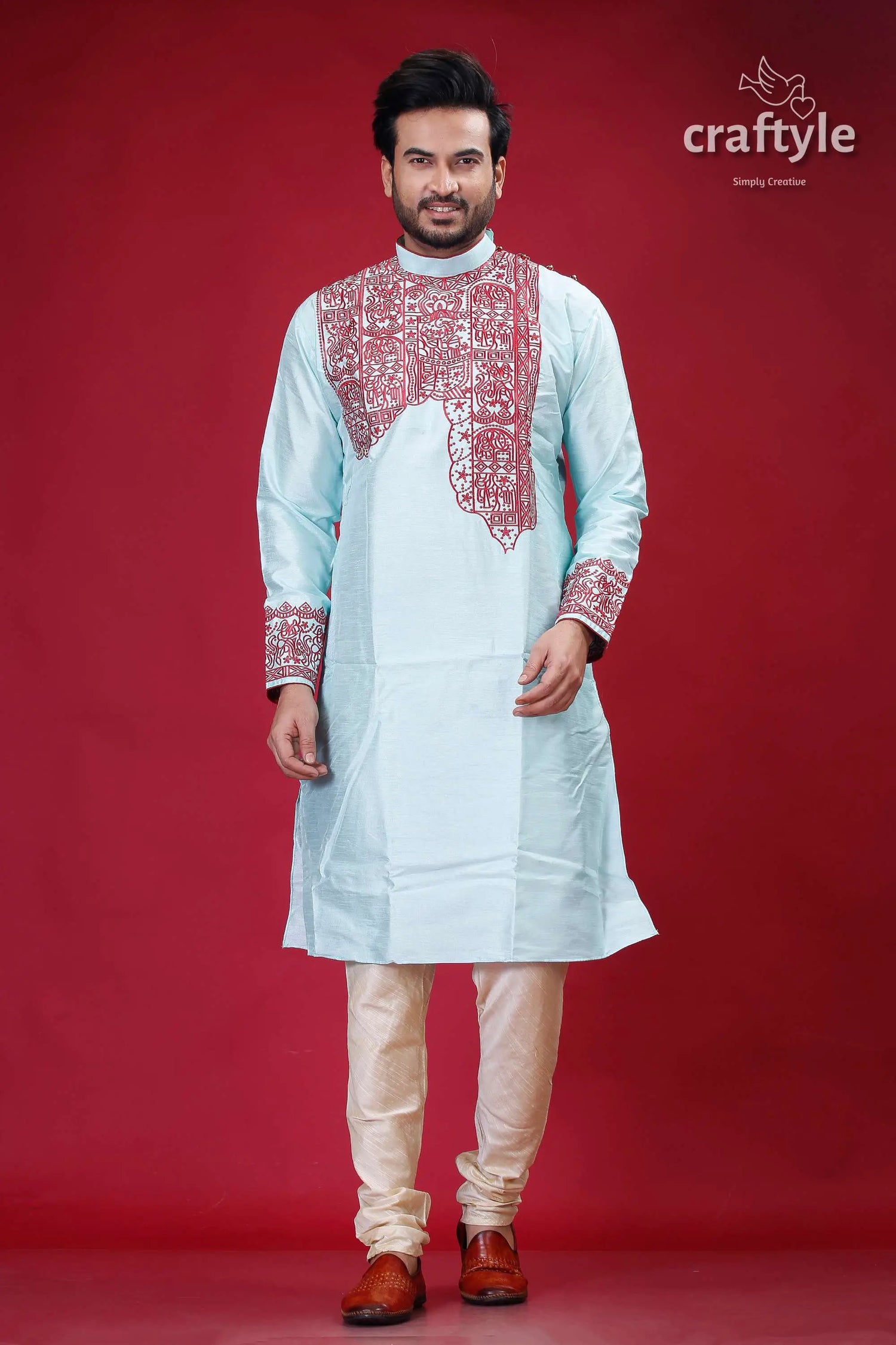Electric blue and maroon embroidered silk punjabi for men man embroidered kurta pajama 1