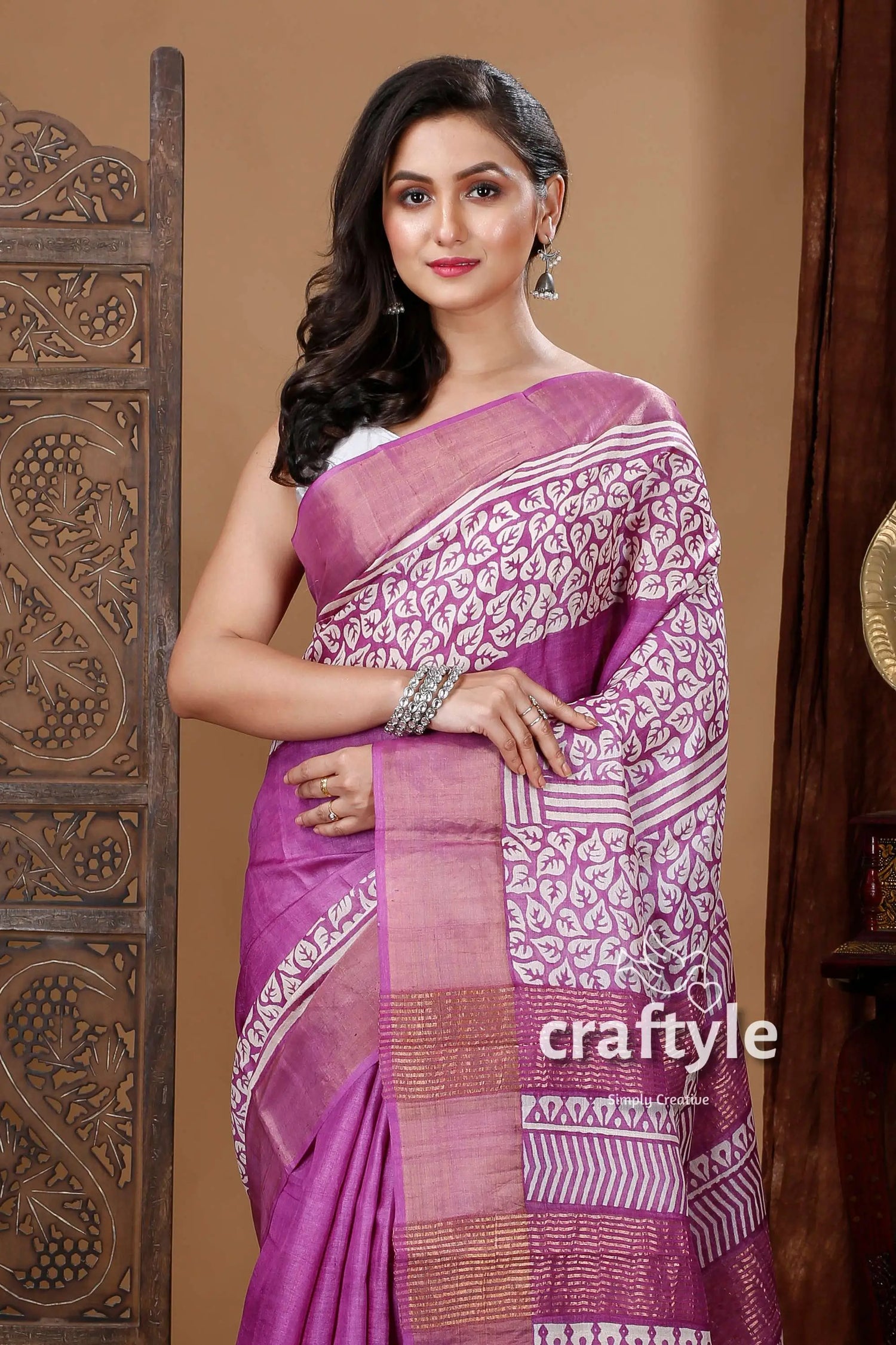 Electric purple hand block printed zari pure tussar silk bishnupuri sarees purple white patterned saree 3