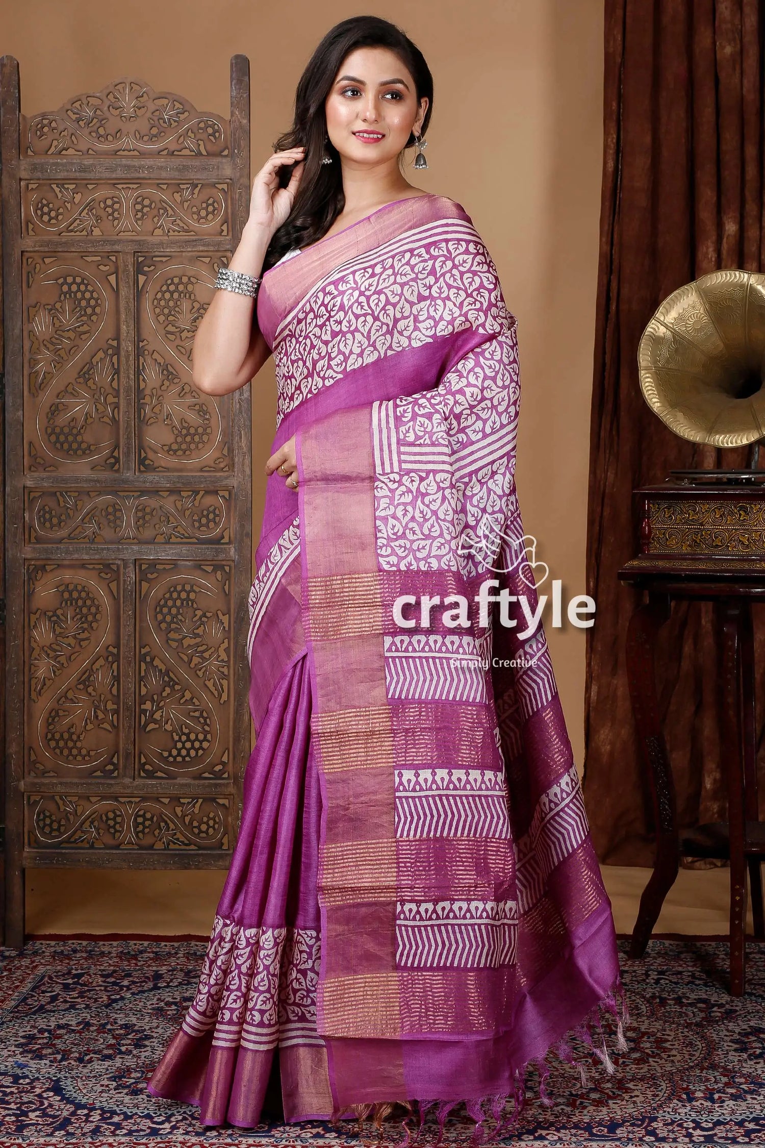 Electric purple hand block printed zari pure tussar silk bishnupuri sarees purple white patterned saree 2