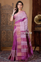 Electric purple hand block printed zari pure tussar silk bishnupuri sarees purple white patterned saree 2
