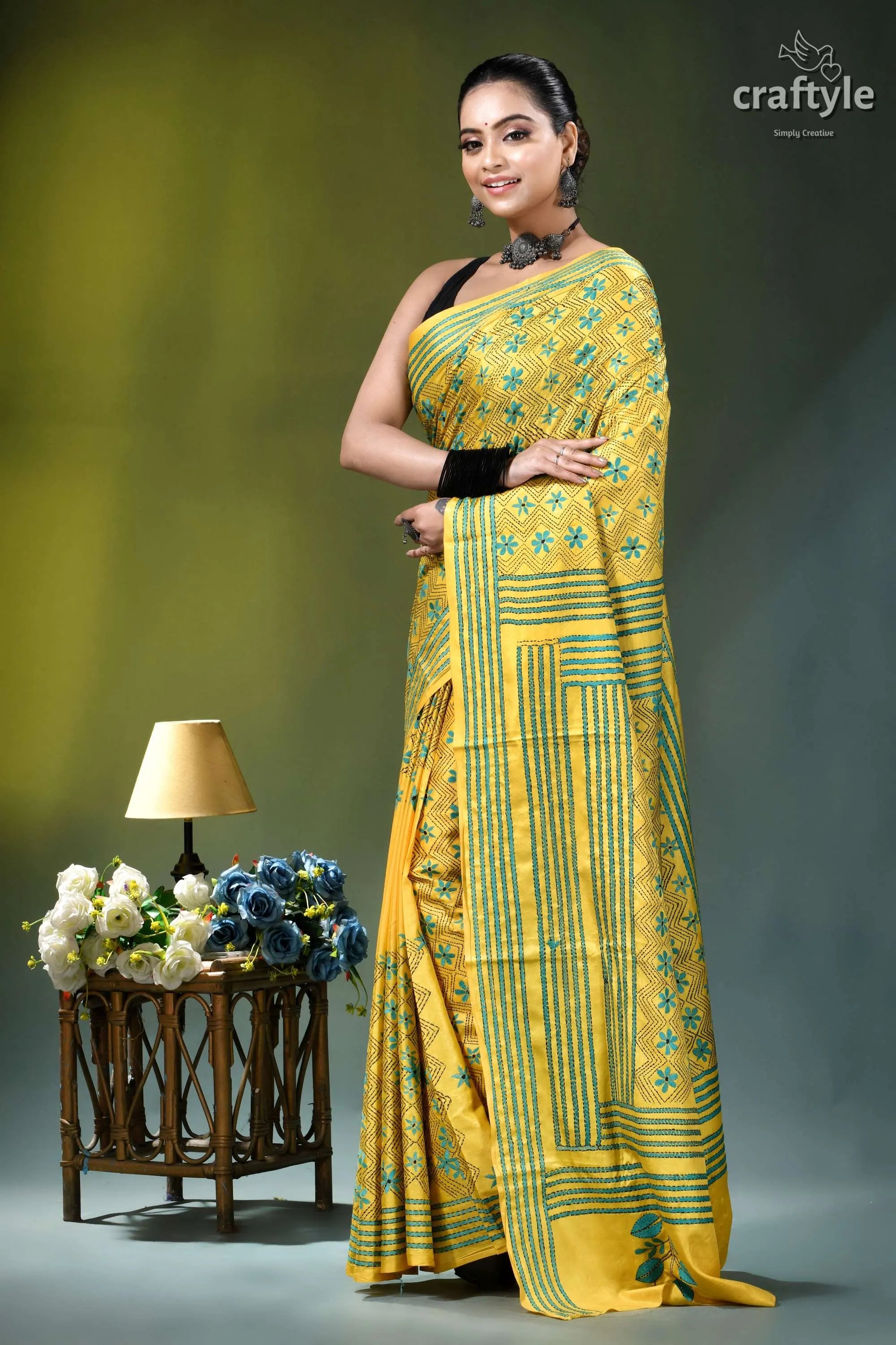 Elegant arylide yellow hand embroidery silk kantha saree vibrant yellow saree intricate green 3