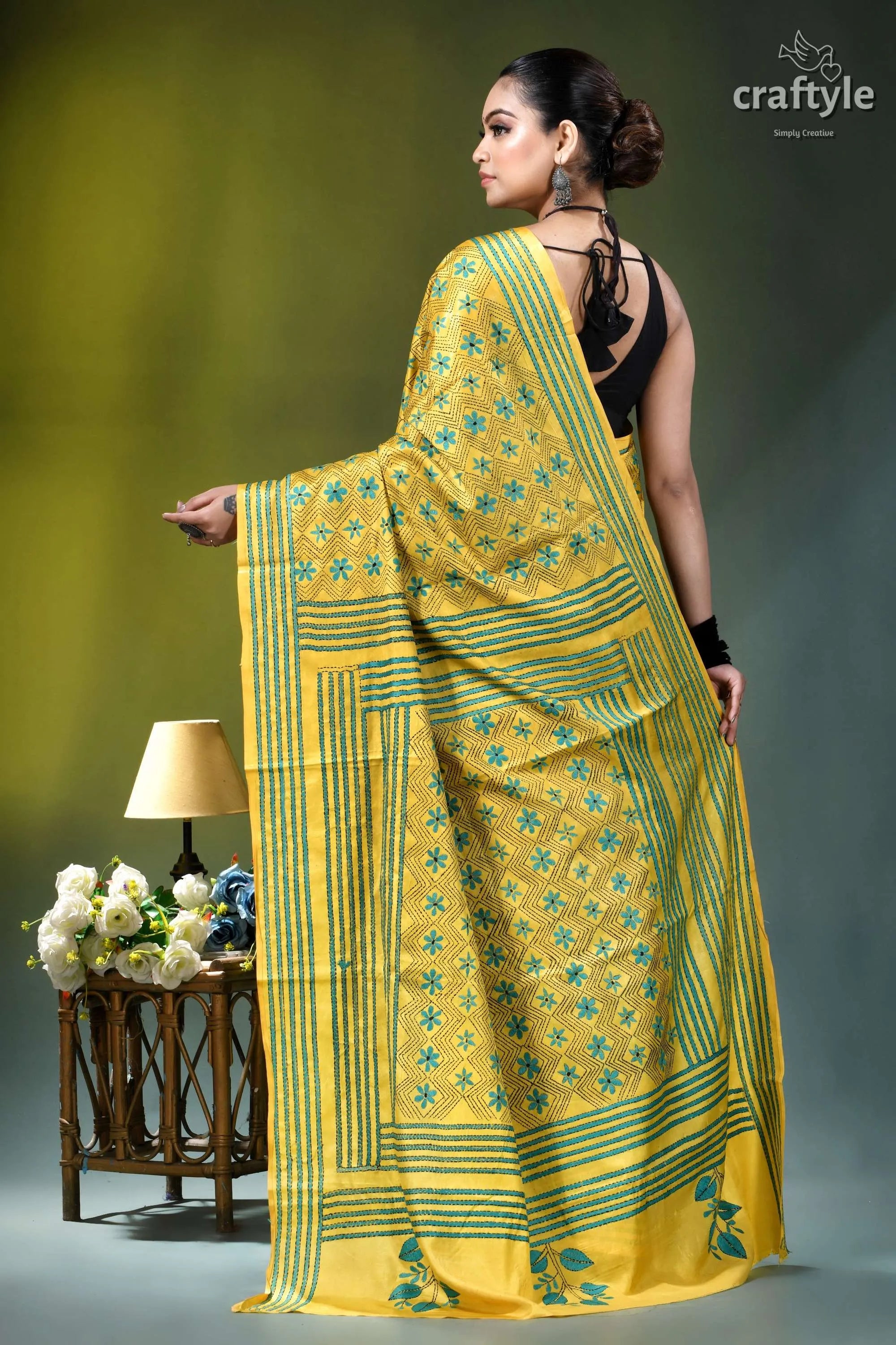 Elegant arylide yellow hand embroidery silk kantha saree yellow saree green geometric floral 5
