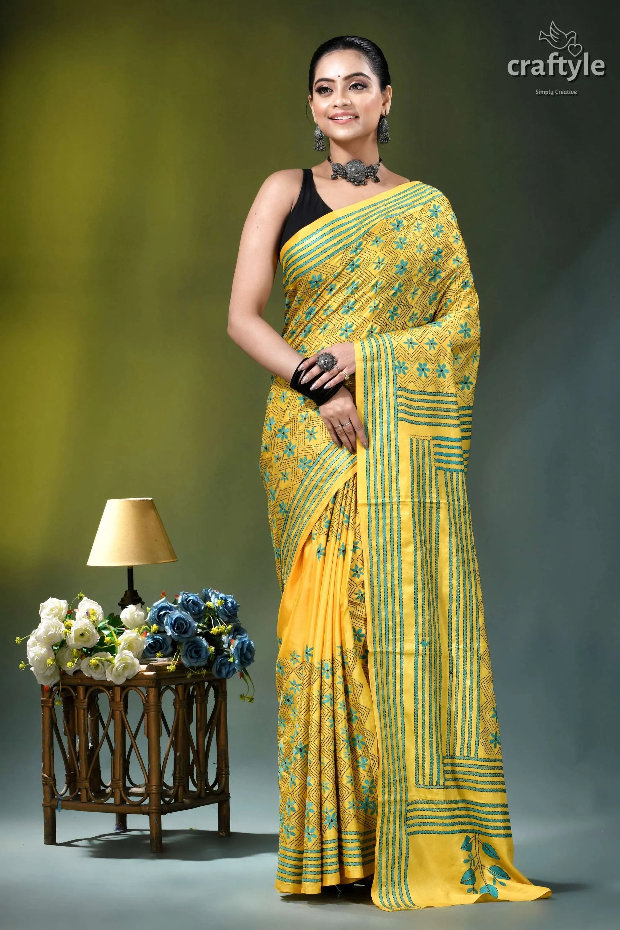 Elegant arylide yellow hand embroidery silk kantha saree yellow green patterned saree intricate 6