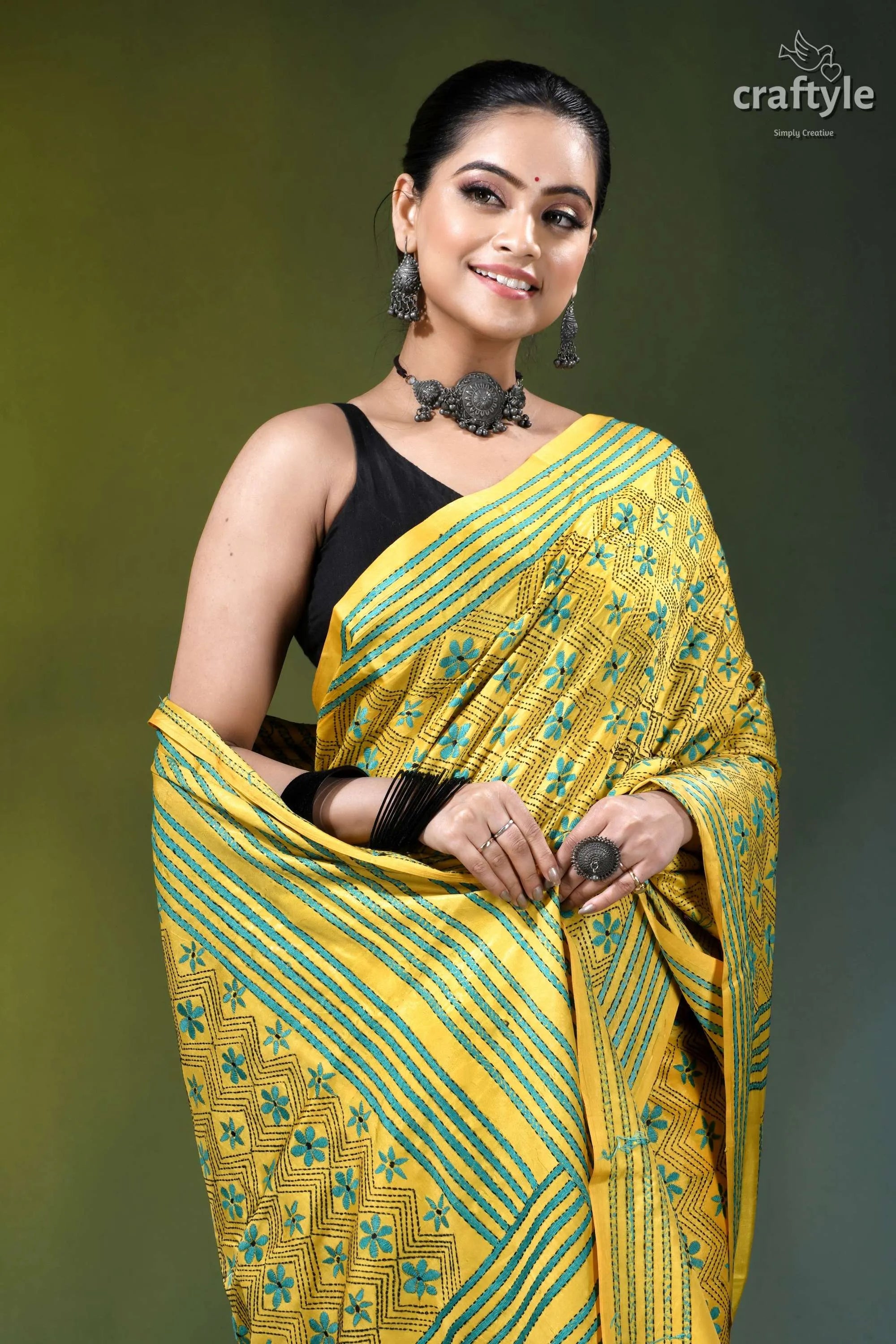 Elegant arylide yellow hand embroidery silk kantha saree vibrant yellow saree teal geometric 2