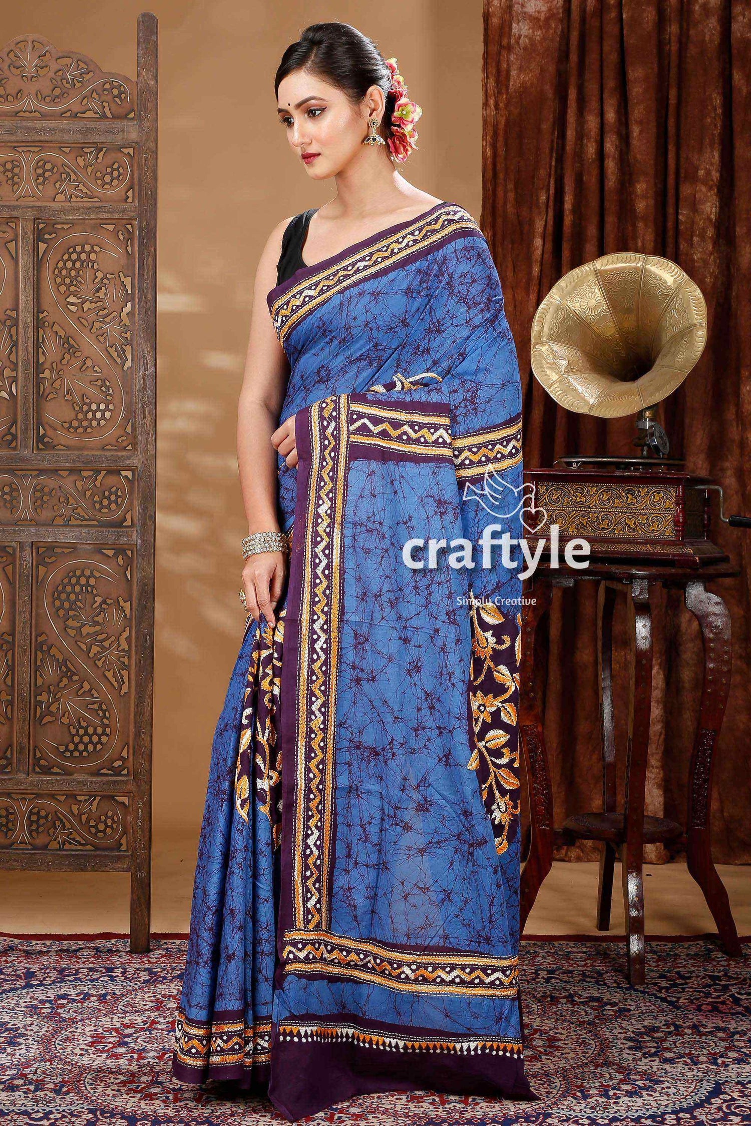 Elegant Batik Cotton Kantha Stitch Saree-Craftyle