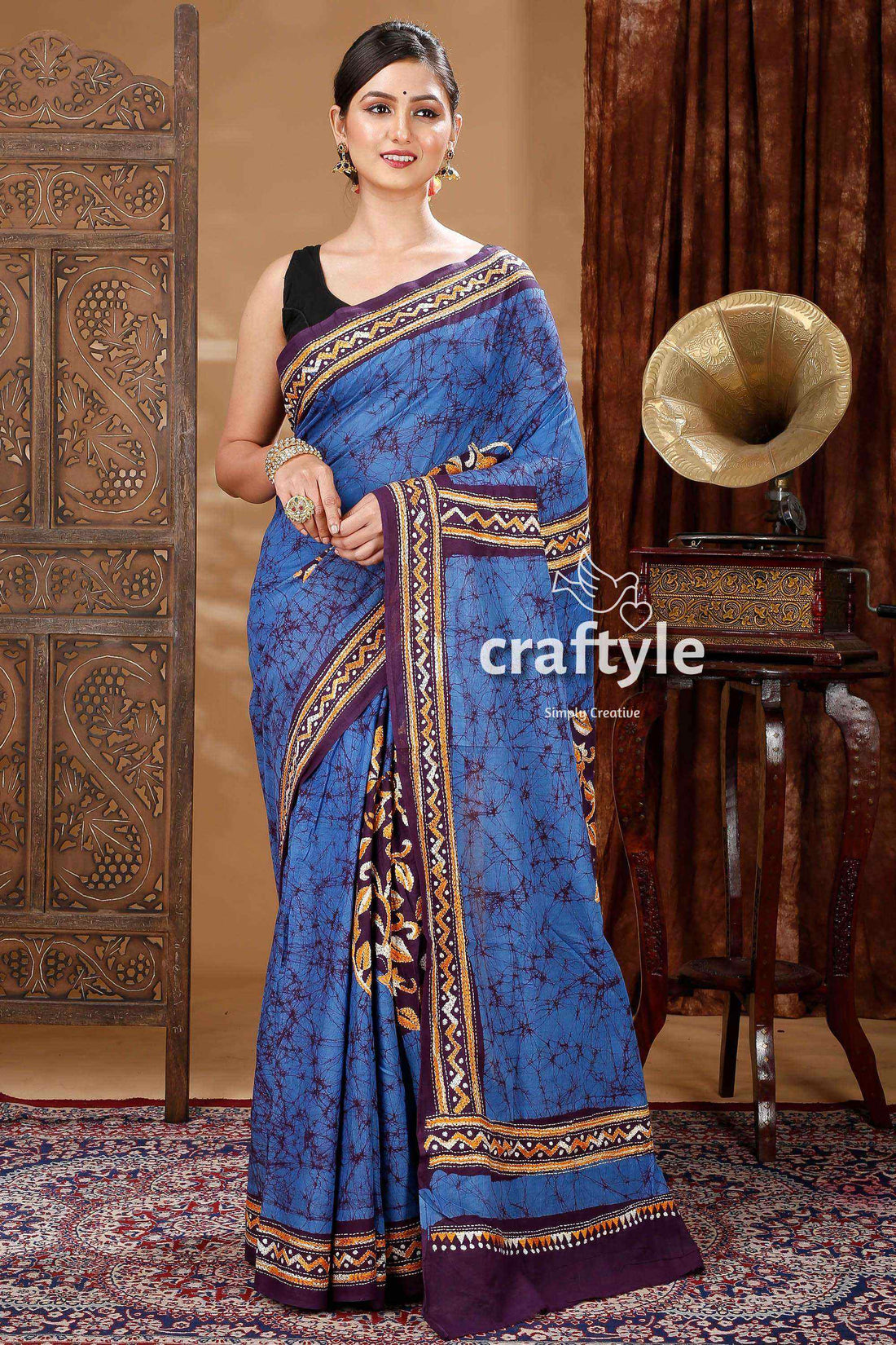 Elegant Batik Cotton Kantha Stitch Saree-Craftyle