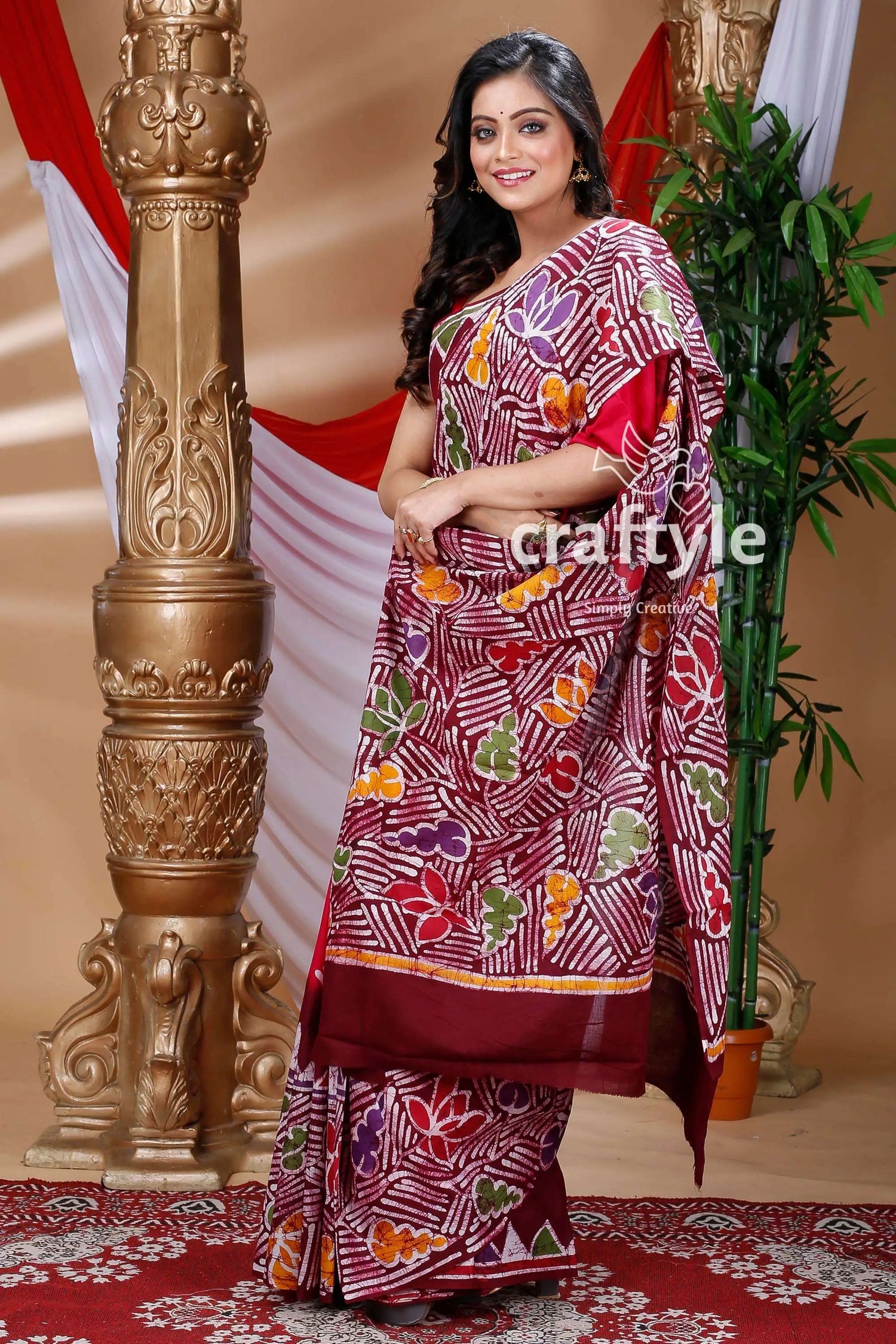 Elegant batik cotton saree maroon floral batik saree 3