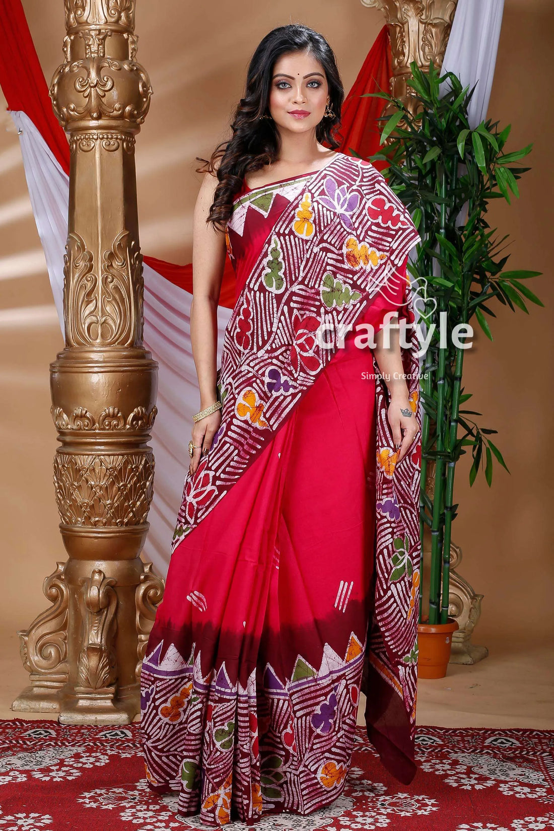 Elegant batik cotton saree red patterned 1