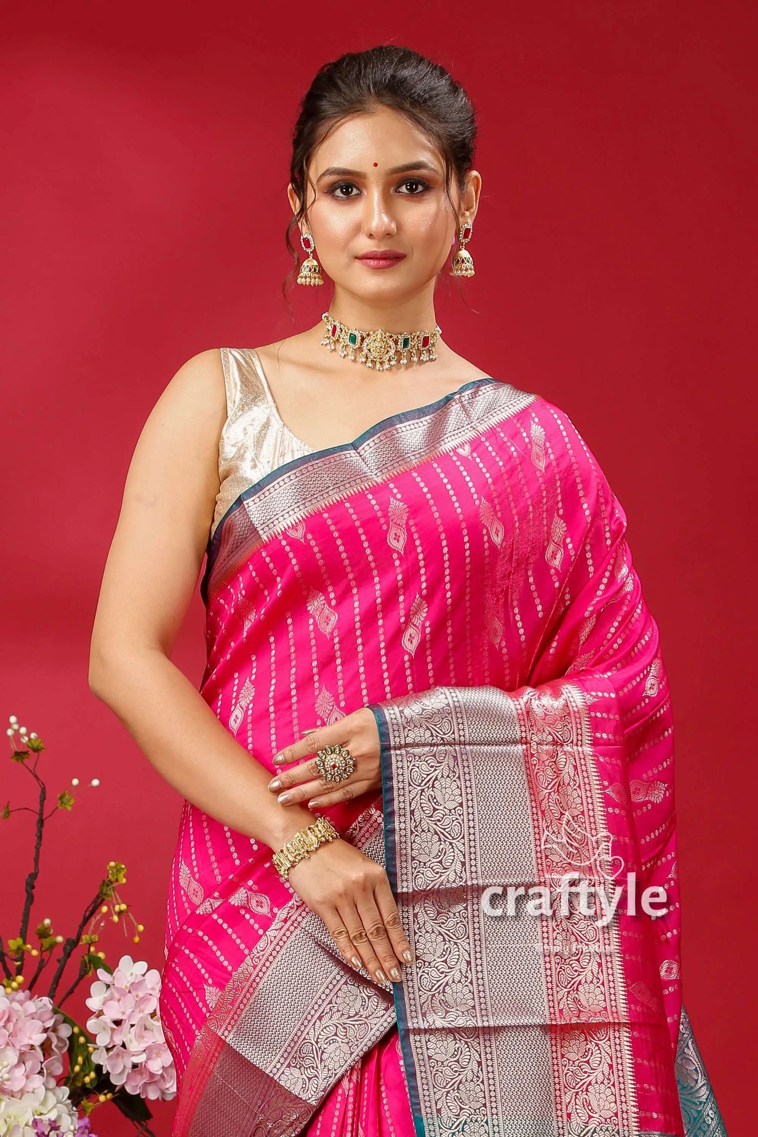 Elegant cerise pink kosha silk saree - perfect for festive occasions pink silk saree silver border 2