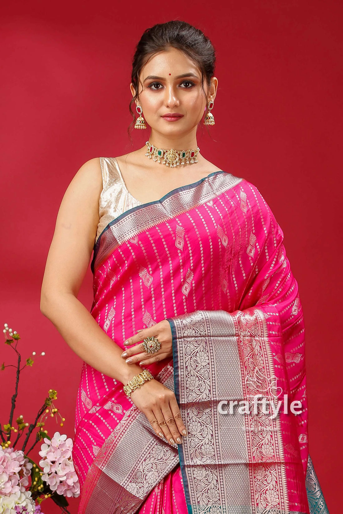 Elegant cerise pink kosha silk saree - perfect for festive occasions silver border 2