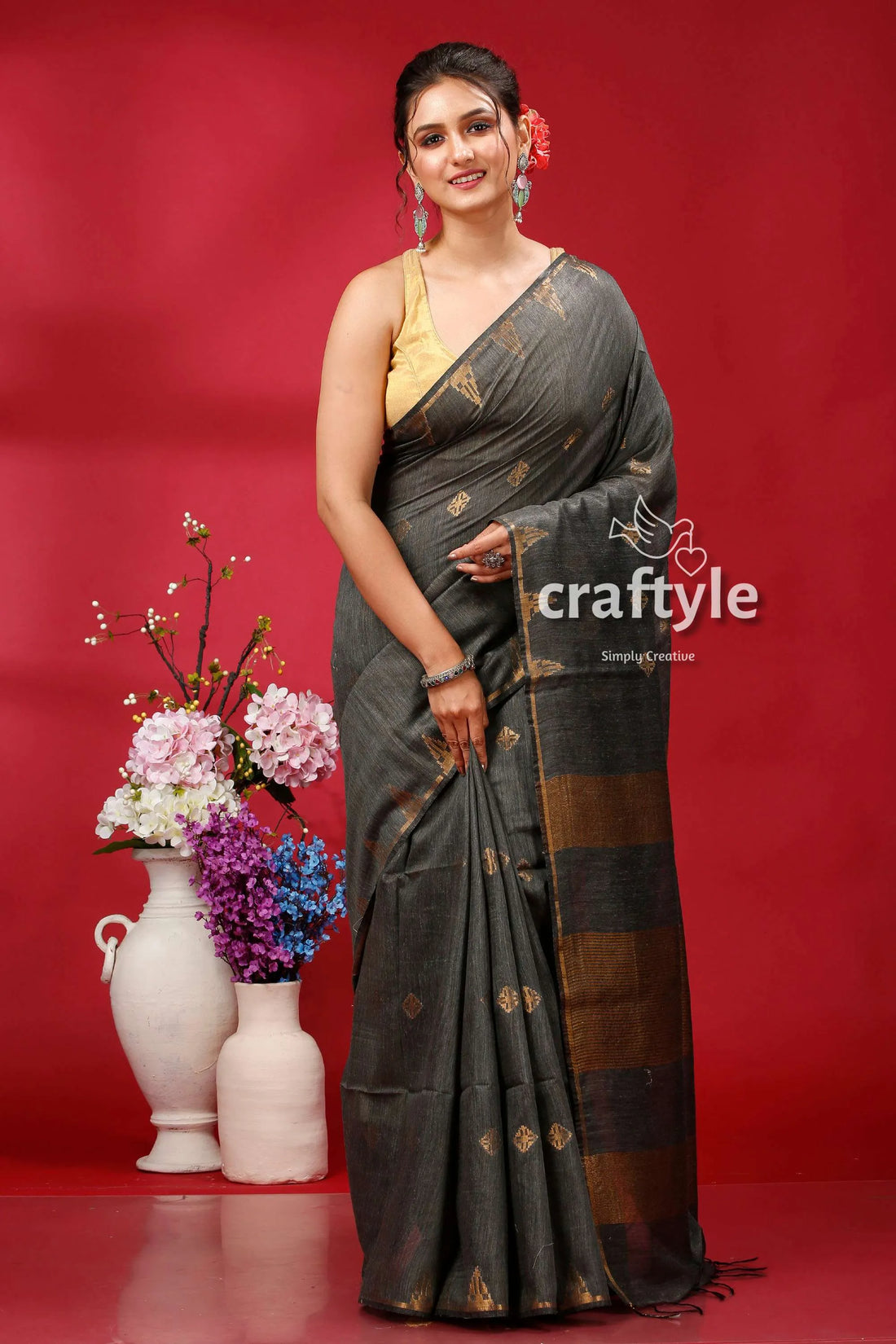 Elegant dark slate golden zari bhagalpuri soft ghicha silk saree woman gray 1