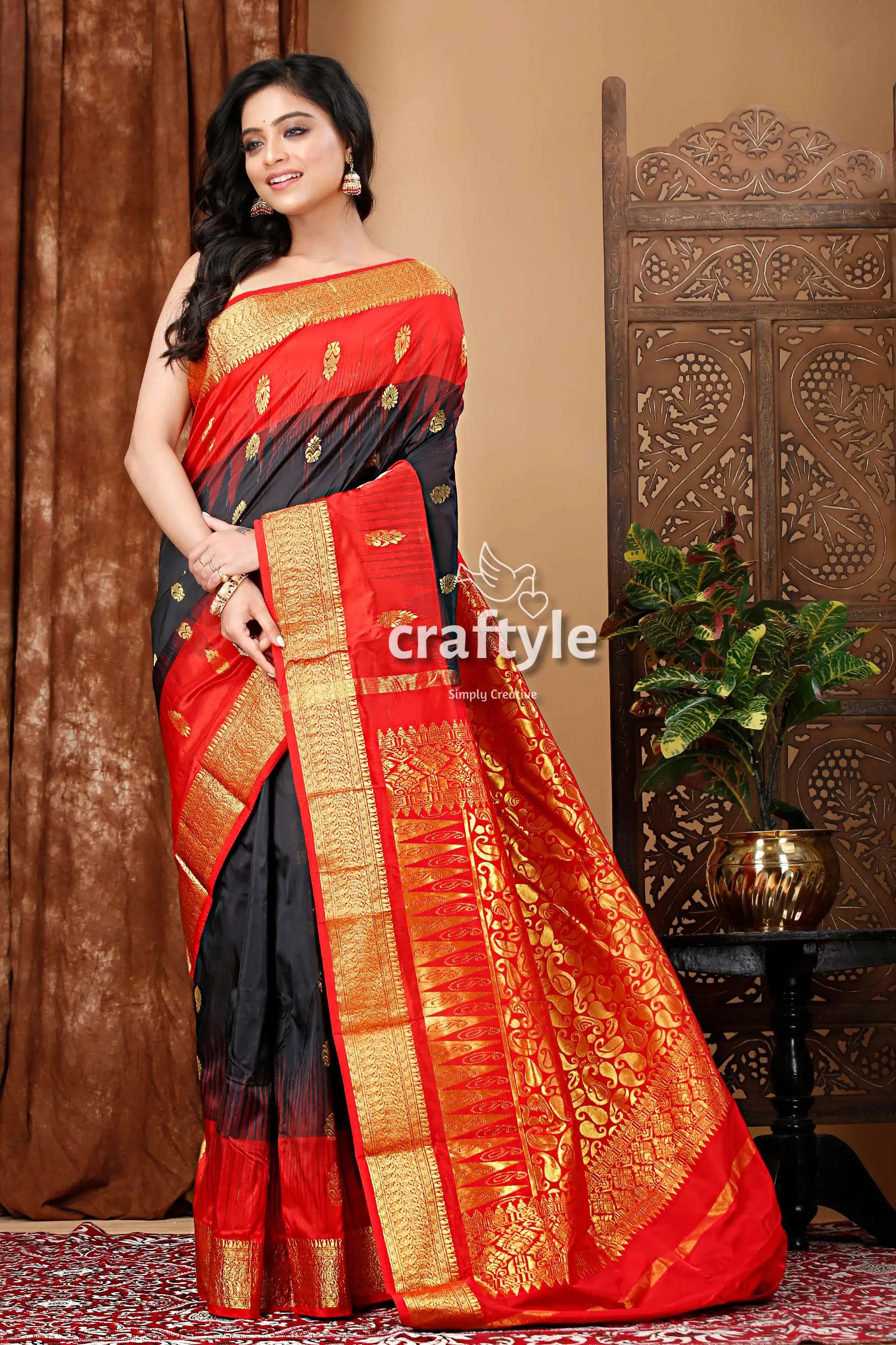 Elegant ebony black and red kanjivaram silk saree red black silk saree gold 4
