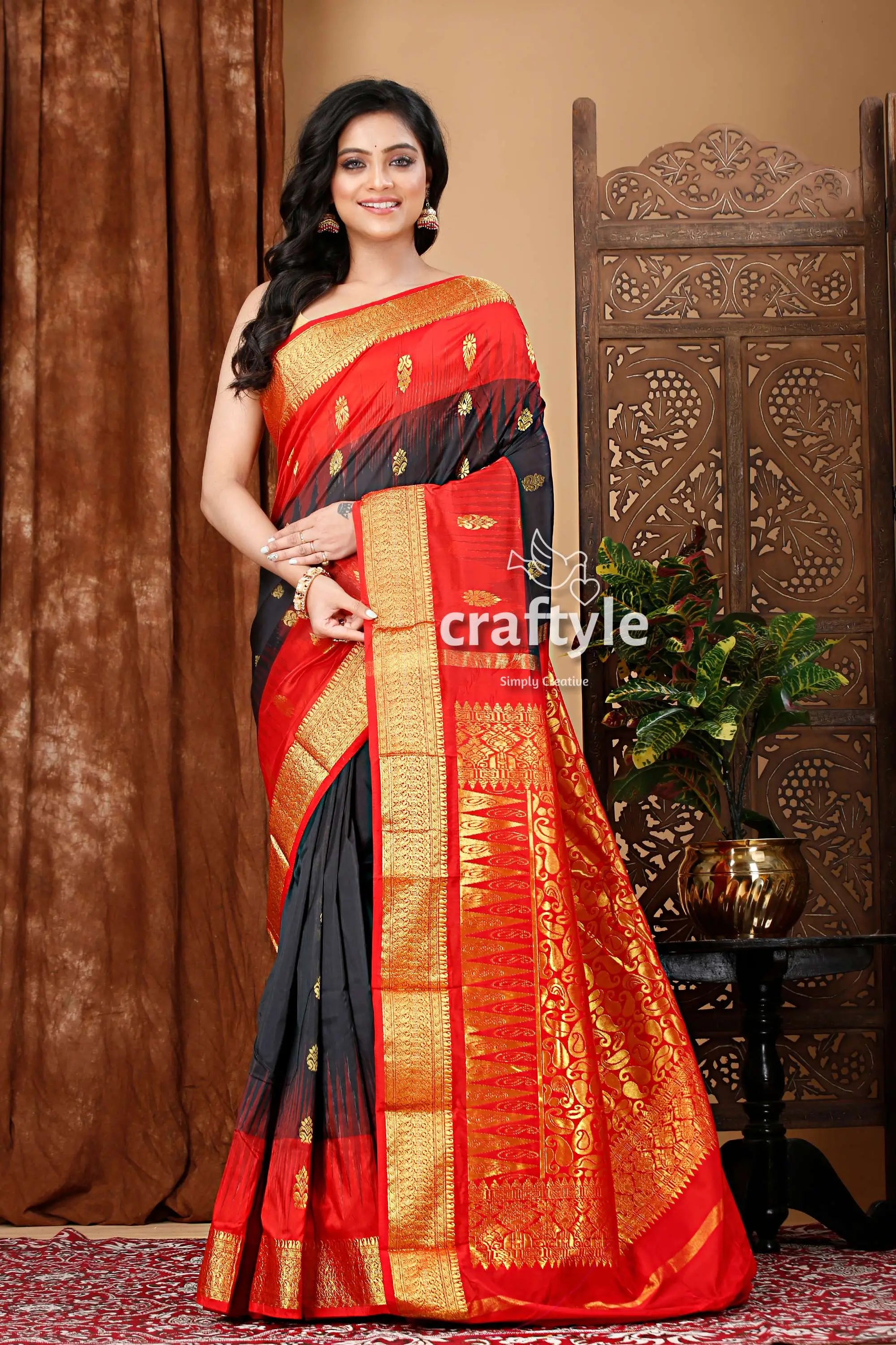 Elegant ebony black and red kanjivaram silk saree red gray silk saree gold 1