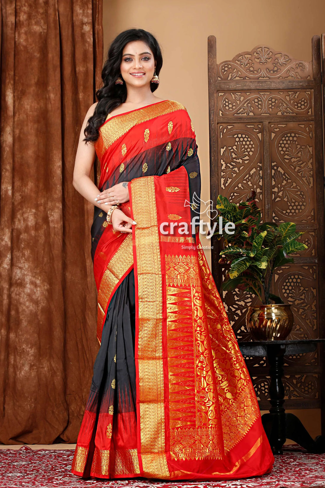 Elegant ebony black and red kanjivaram silk saree gray gold 1