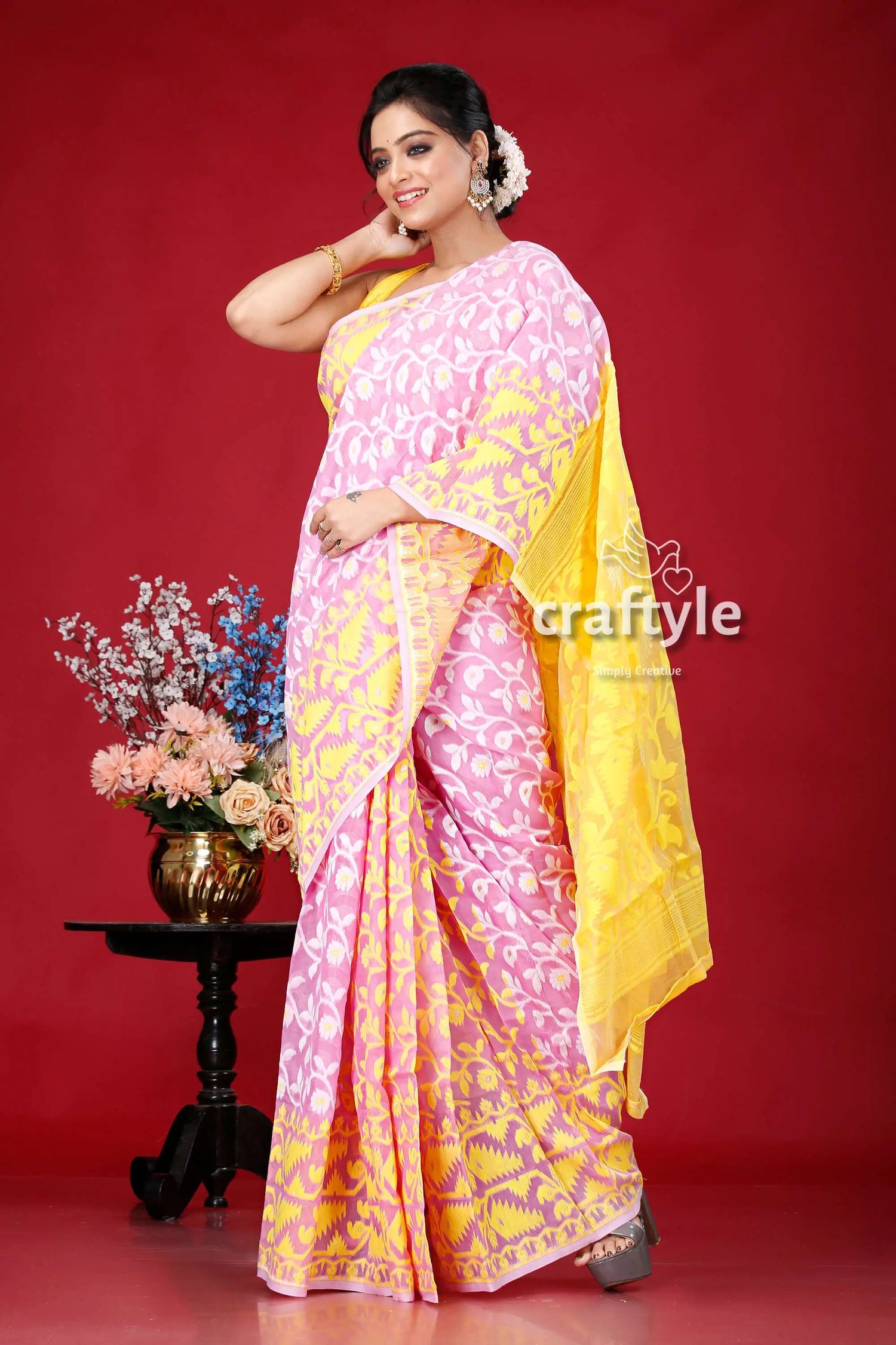 Elegant mauve and yellow floral jamdani saree - perfect for any occasion pink yellow patterned saree 4