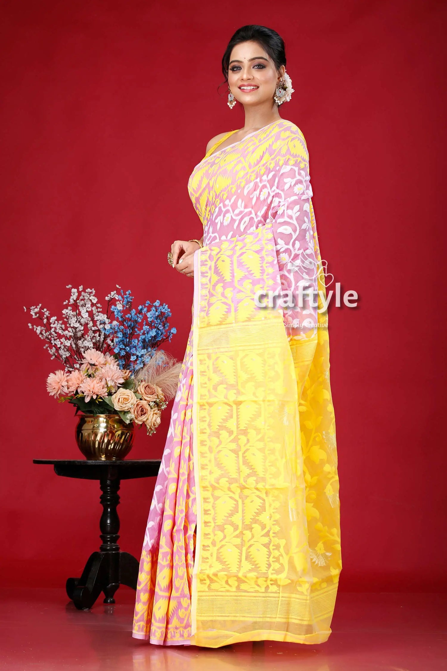 Elegant mauve and yellow floral jamdani saree - perfect for any occasion woman yellow pink saree 3