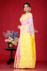 Elegant mauve and yellow floral jamdani saree - perfect for any occasion woman yellow pink saree 3