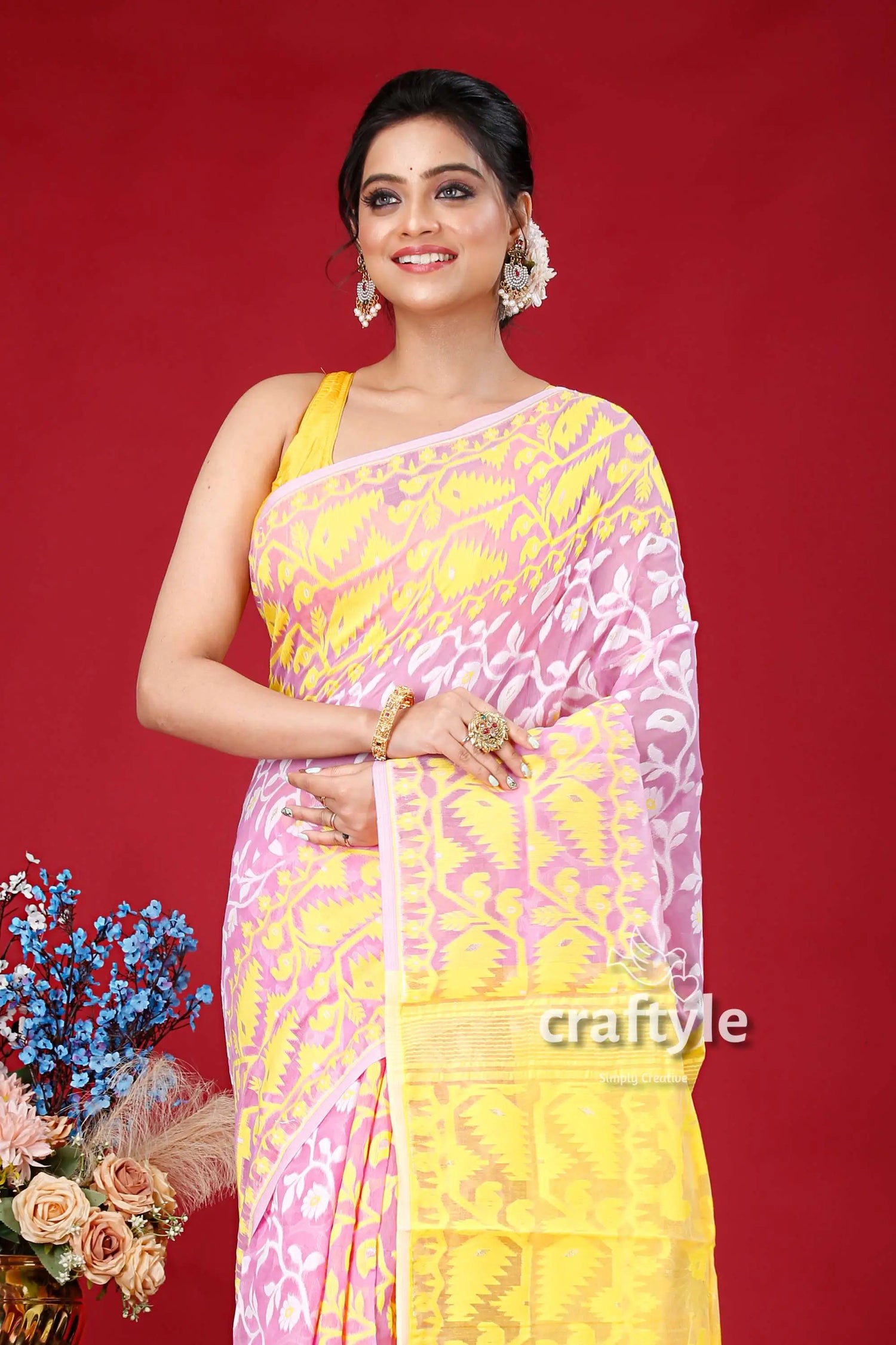 Elegant mauve and yellow floral jamdani saree - perfect for any occasion woman pink yellow saree 2