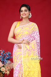 Elegant mauve and yellow floral jamdani saree - perfect for any occasion woman pink yellow saree 2
