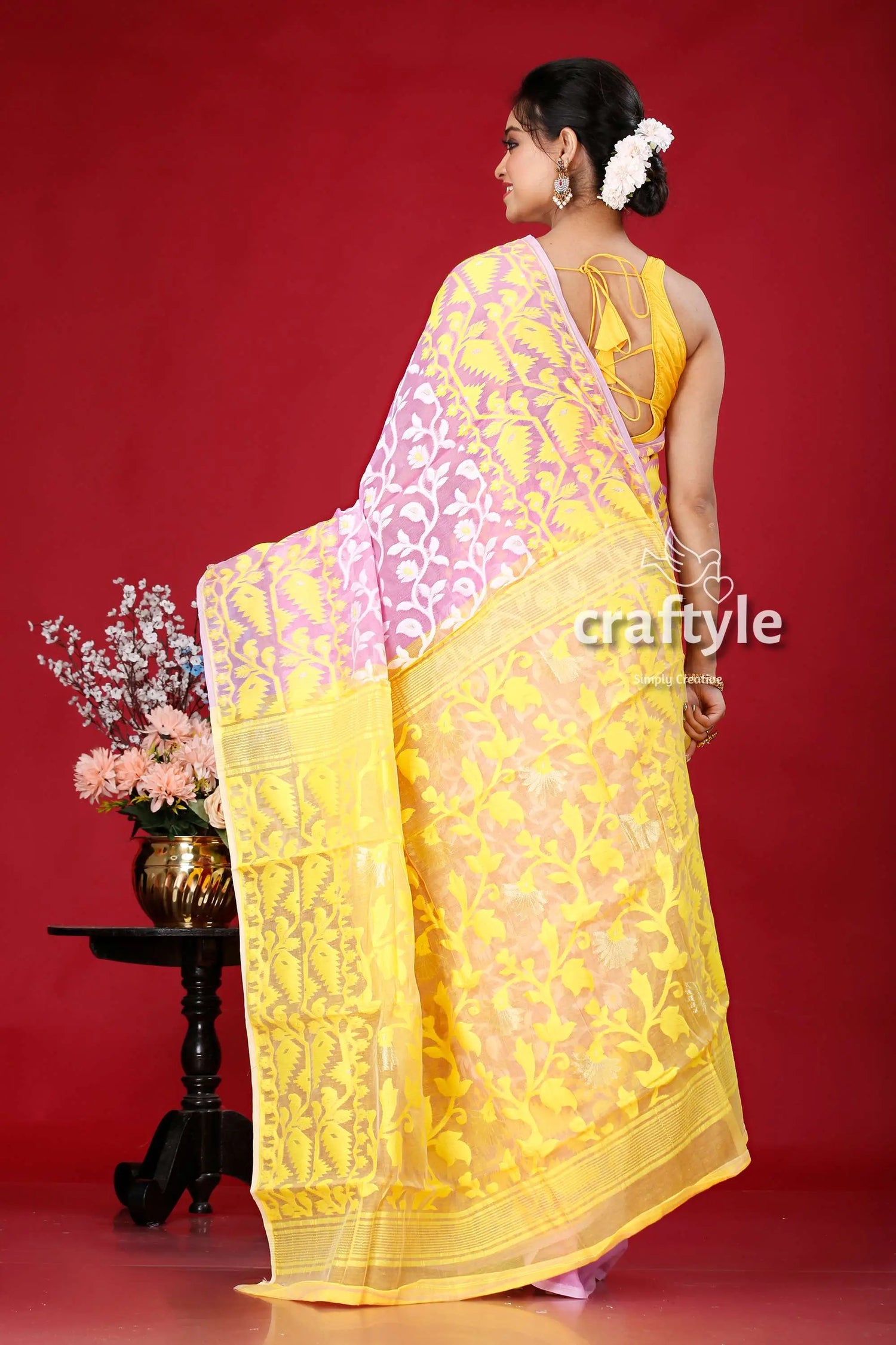 Elegant mauve and yellow floral jamdani saree - perfect for any occasion yellow pink floral saree 5