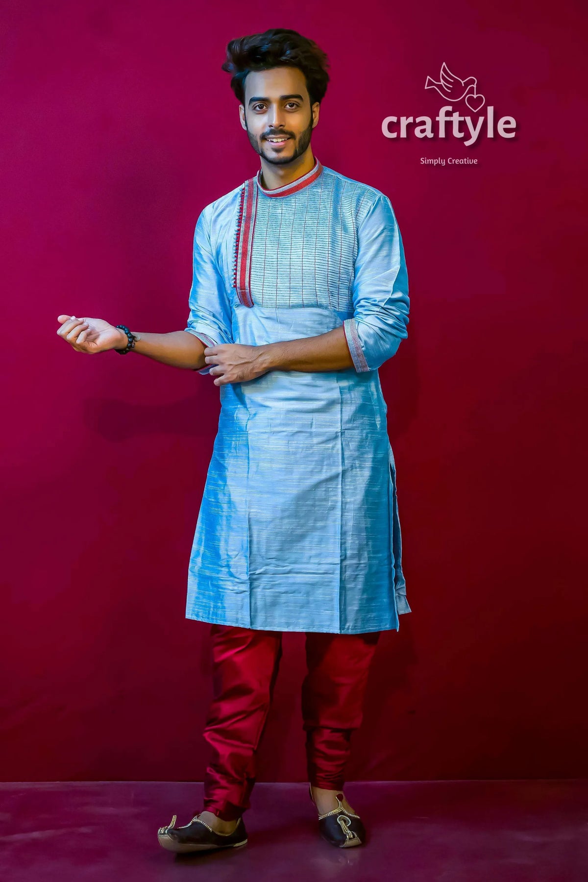 Embroidered silk kurta for men man light blue red 3
