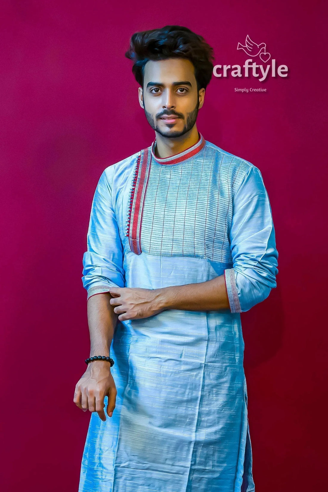 Embroidered silk kurta for men light blue men’s 2