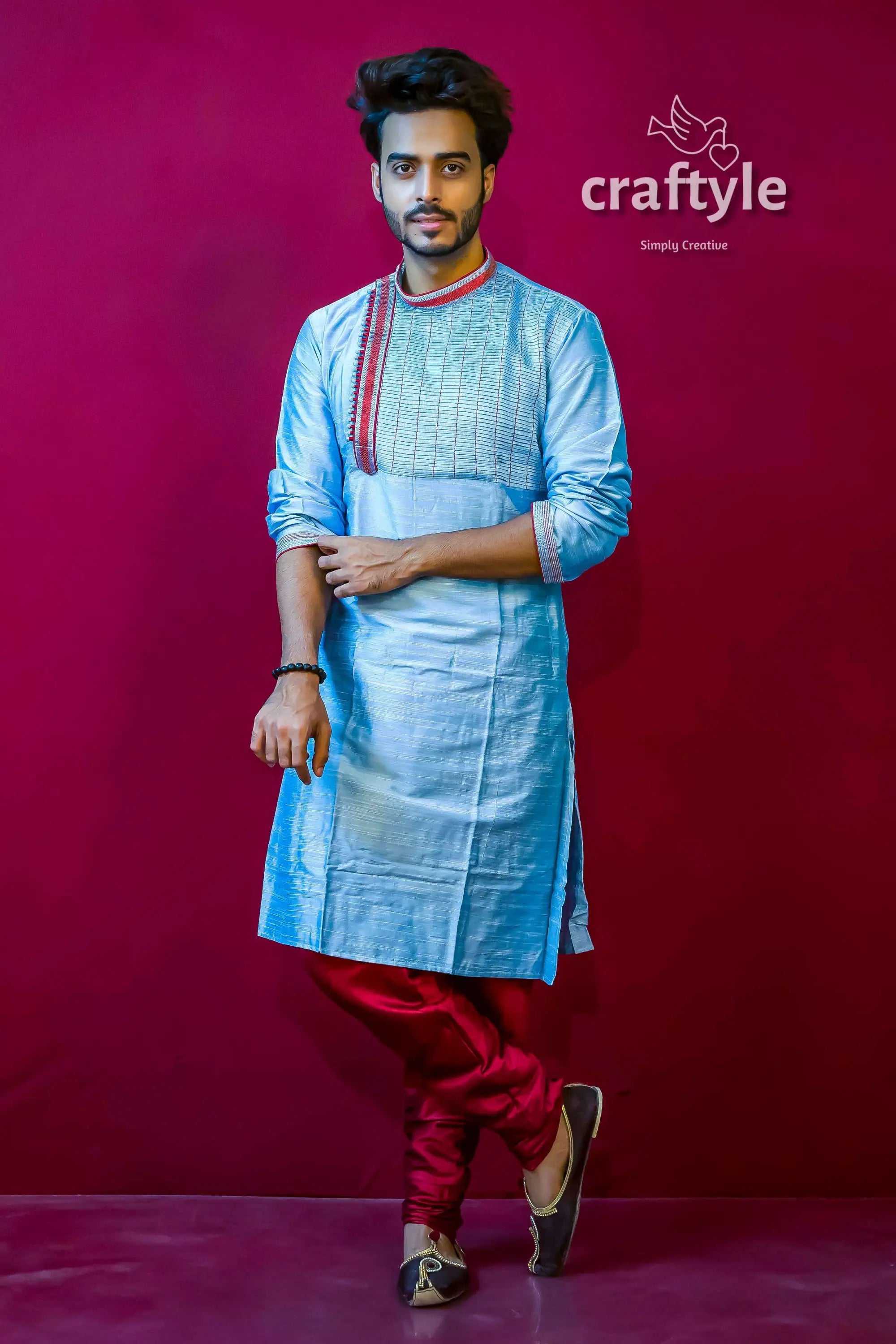 Embroidered silk kurta for men man light blue kurta red 4