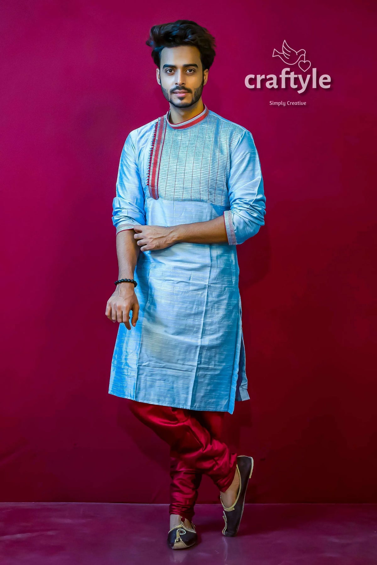 Embroidered silk kurta for men man light blue red 4