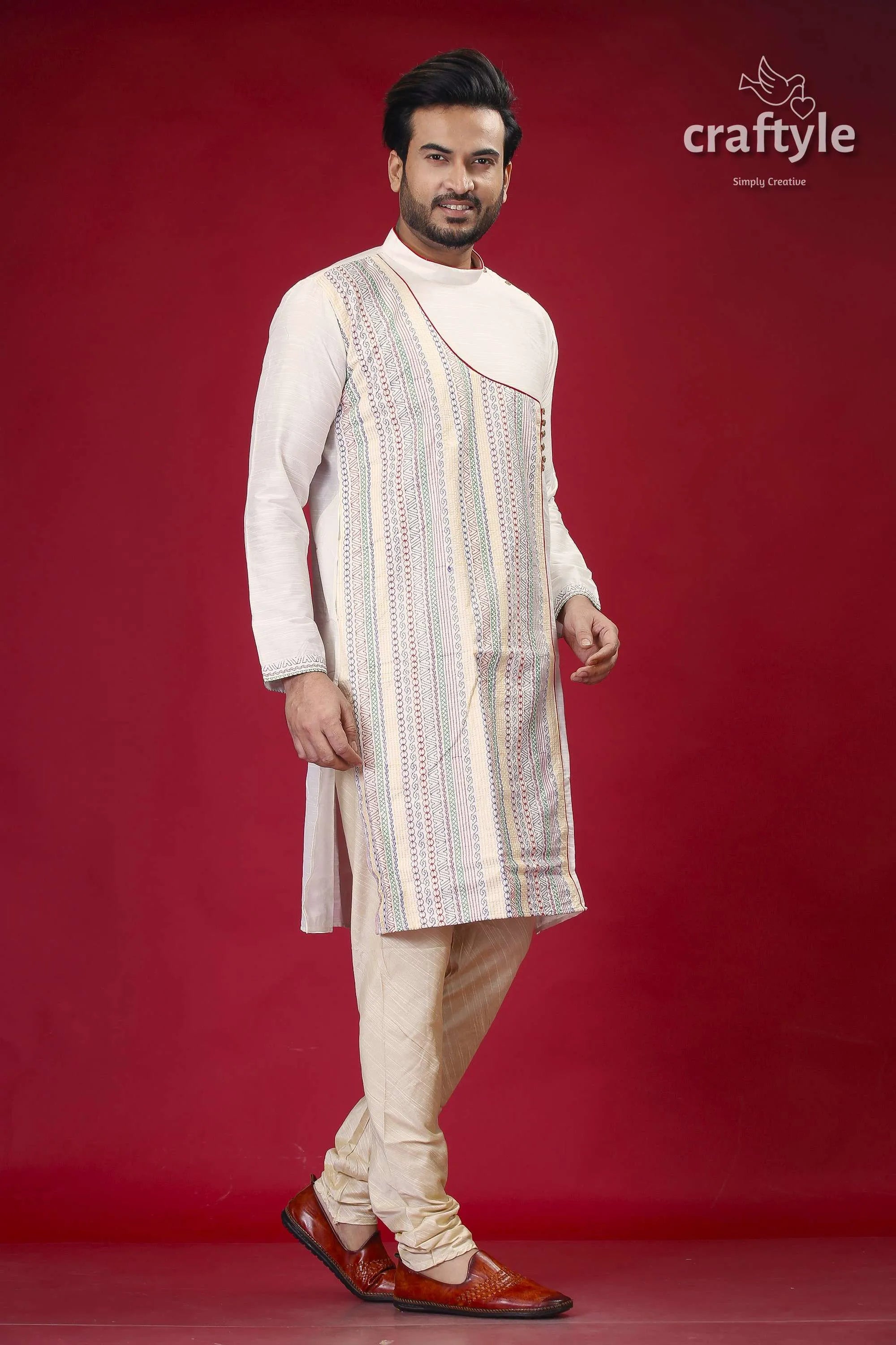 Embroidered silk kurta for men in porcelain white with multicolor design man cream-colored kurta pajama 4