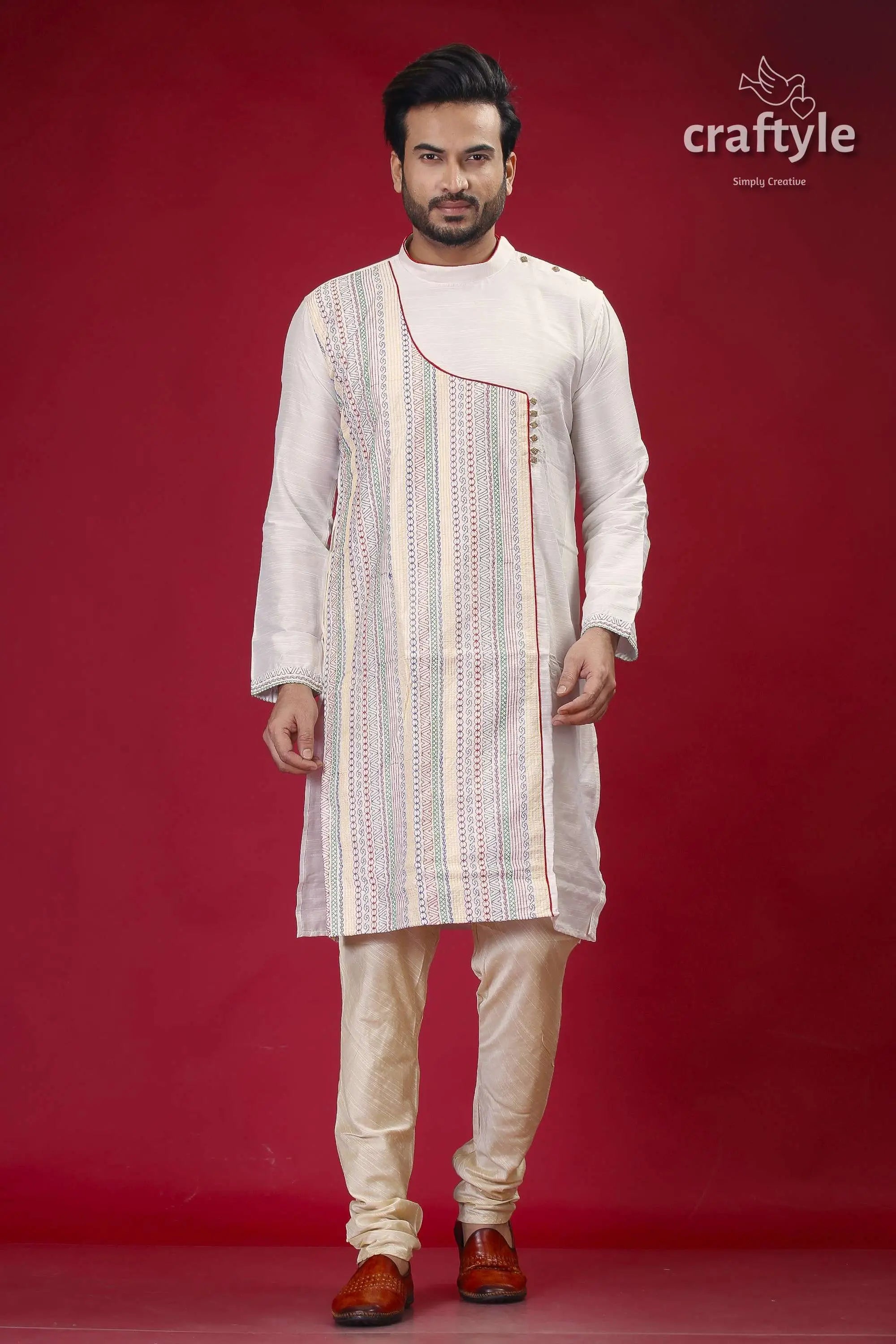 Embroidered silk kurta for men in porcelain white with multicolor design man embroidered kurta pants 1