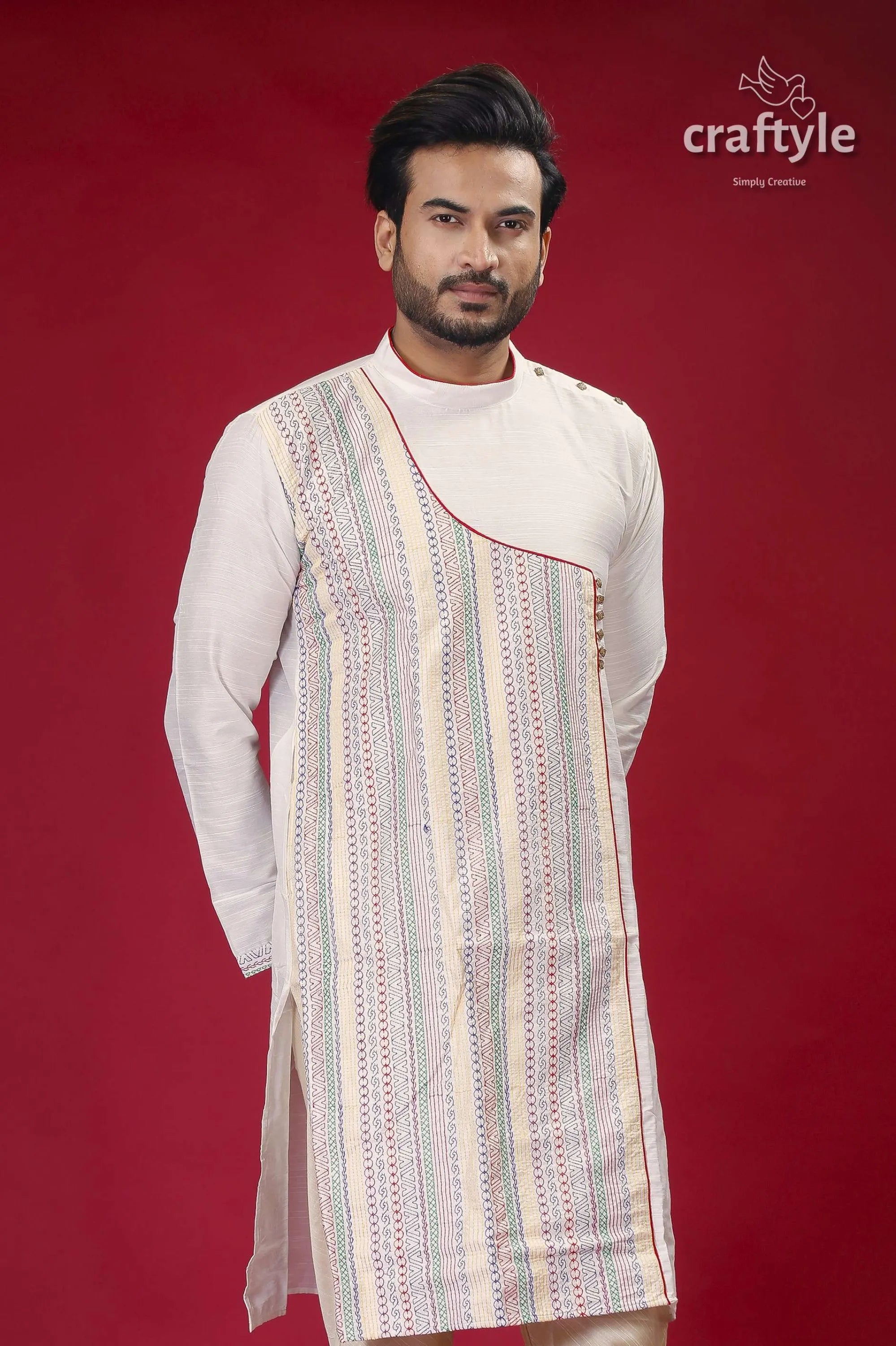 Embroidered silk kurta for men in porcelain white with multicolor design men’s asymmetrical kurta 2