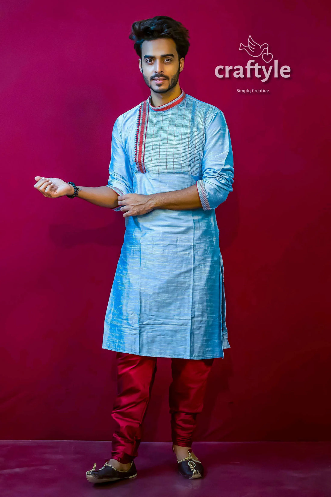 Embroidered silk kurta for men man light blue red 1