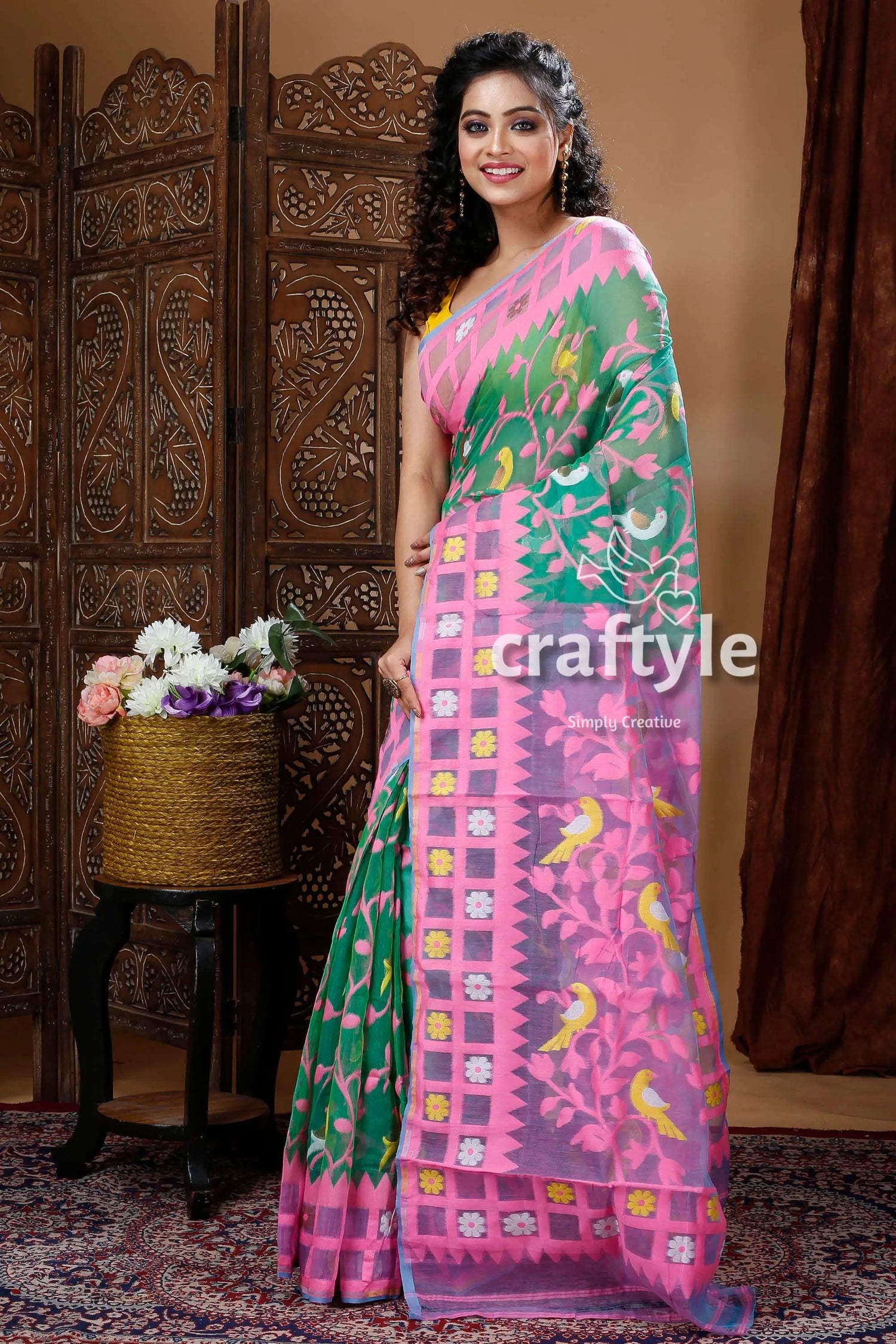 Emerald green graceful jamdani saree woman pink green saree 2