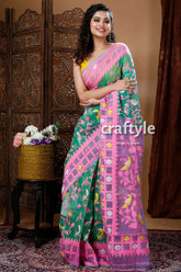 Emerald green graceful jamdani saree green pink patterned saree 4