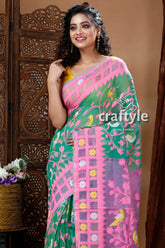Emerald green graceful jamdani saree woman pink green saree 3