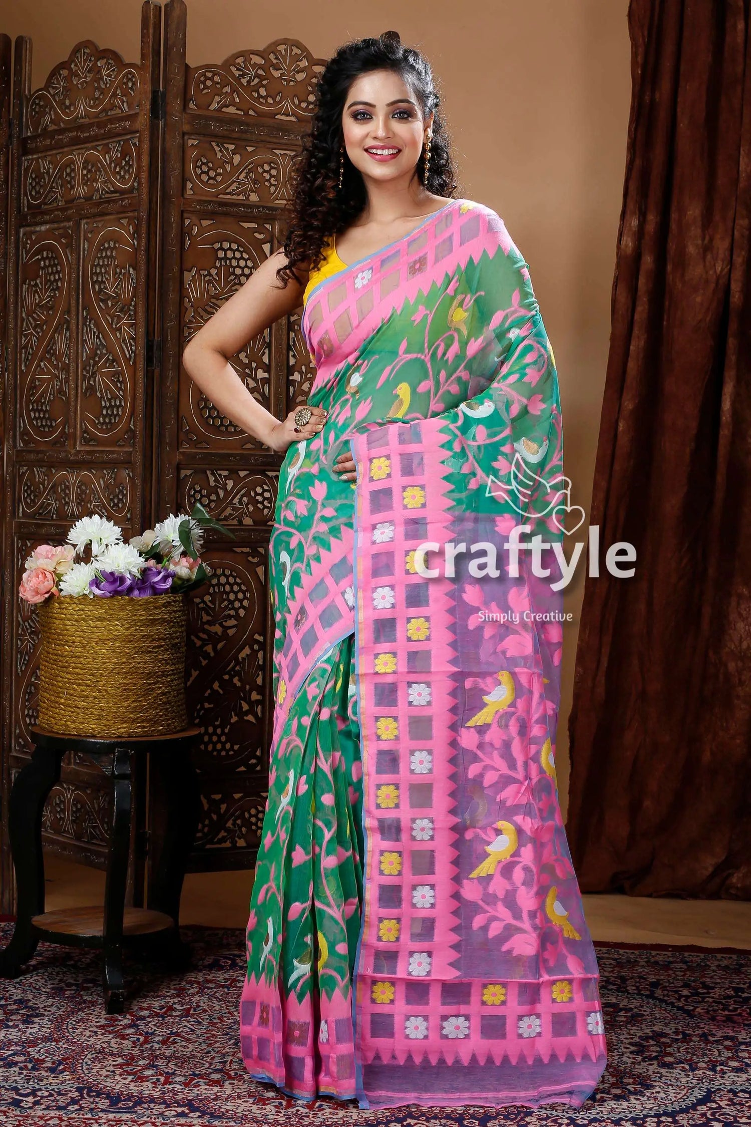 Emerald green graceful jamdani saree woman pink green saree 1